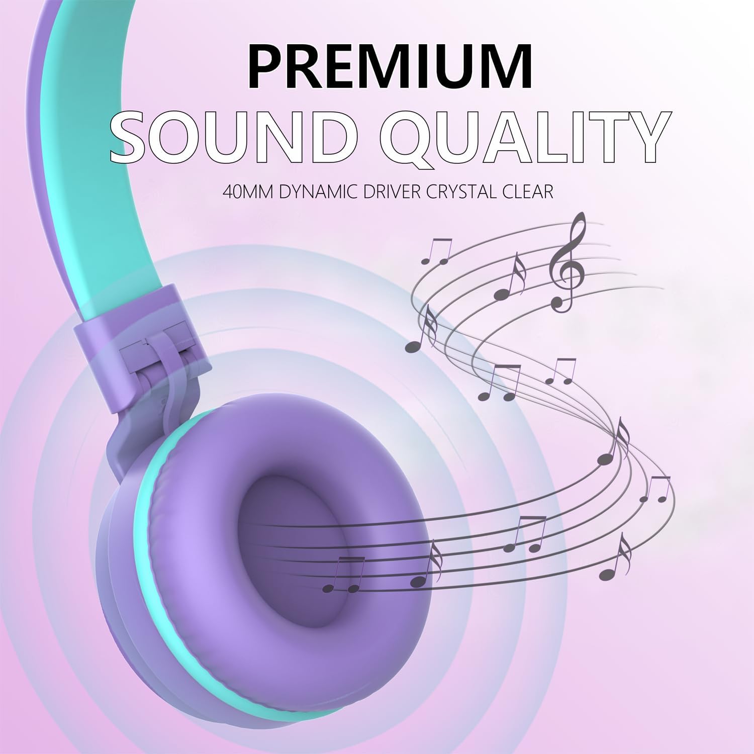 Detalle 2 de YOYOTUNE Kids On-Ear Headphones with Mic – Safe Volume Limiter, 3.5mm Wired, Foldable & Lightweight (Purple)