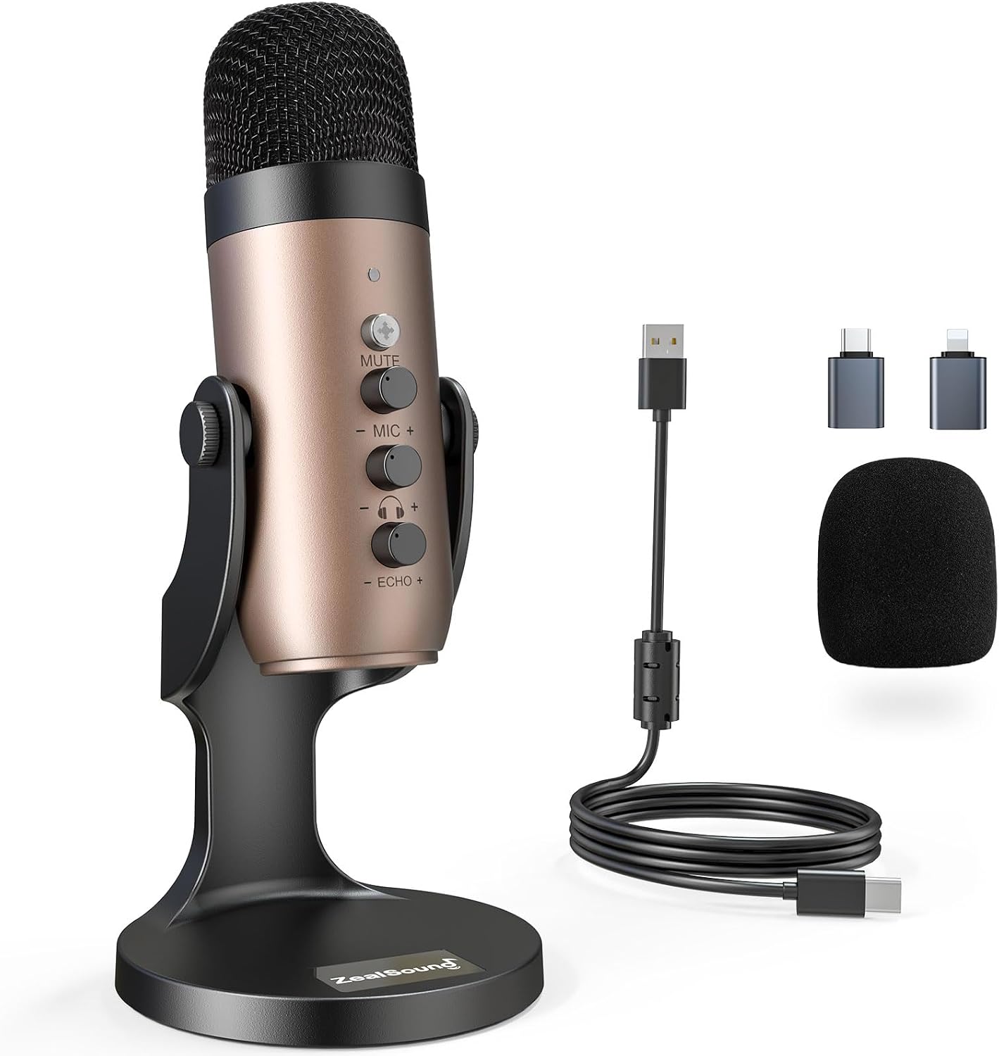 Detalle de ZealSound K66 USB Kondensator-Mikrofon – Gold, Plug & Play für PC, Laptop, Handy