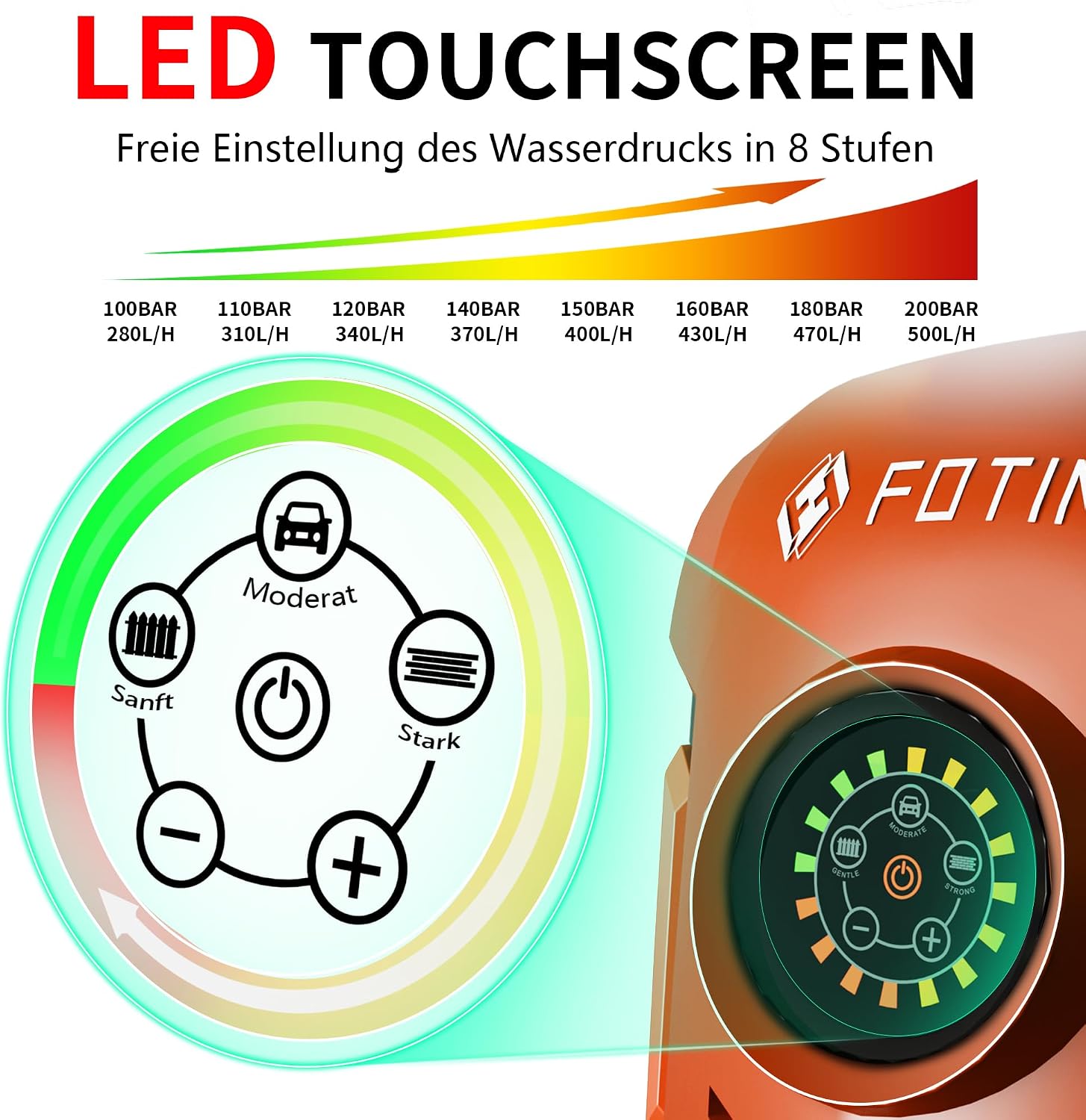 Detalle de Hochdruckreiniger Touchscreen – 8-stufig, 200 bar, 6-in-1-Düse, Schaumkanone, 60 m²/h