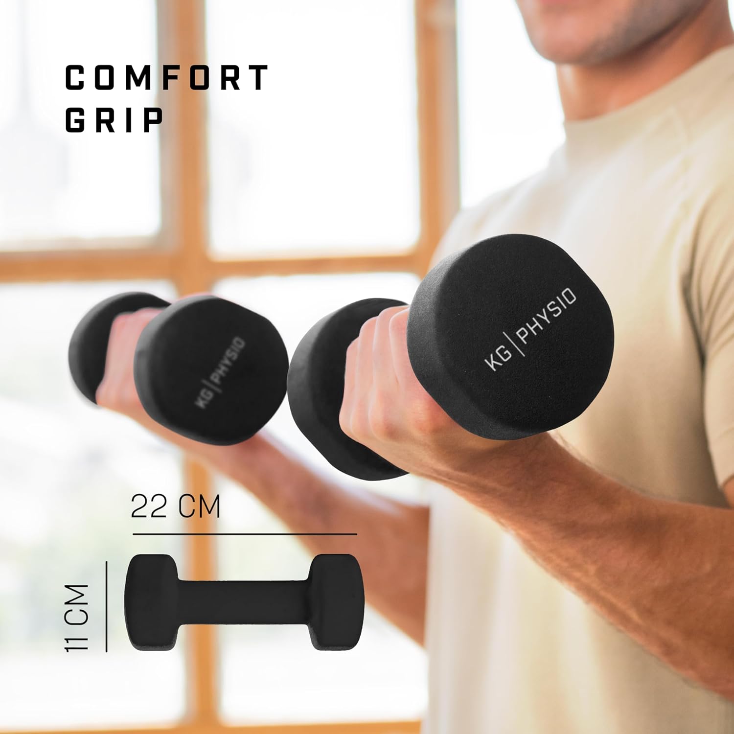 Thumbnail 2 de KG Physio Weights Neoprene-Coated Dumbbells Set (1–10kg pairs) with Anti-Roll Technology & A3 Exercise Poster