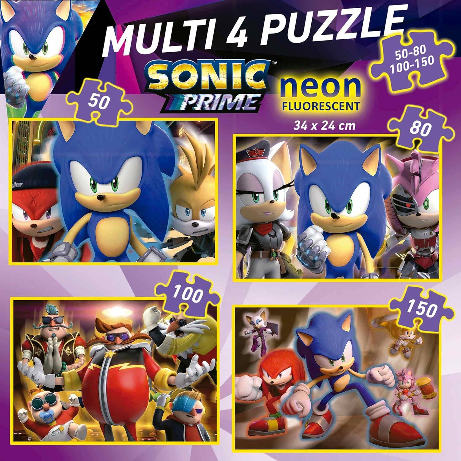 Thumbnail 2 de Educa Multi 4 Sonic Prime Neon : ensemble de 4 puzzles progressifs qui brillent dans le noir (50 à 150 pièces)