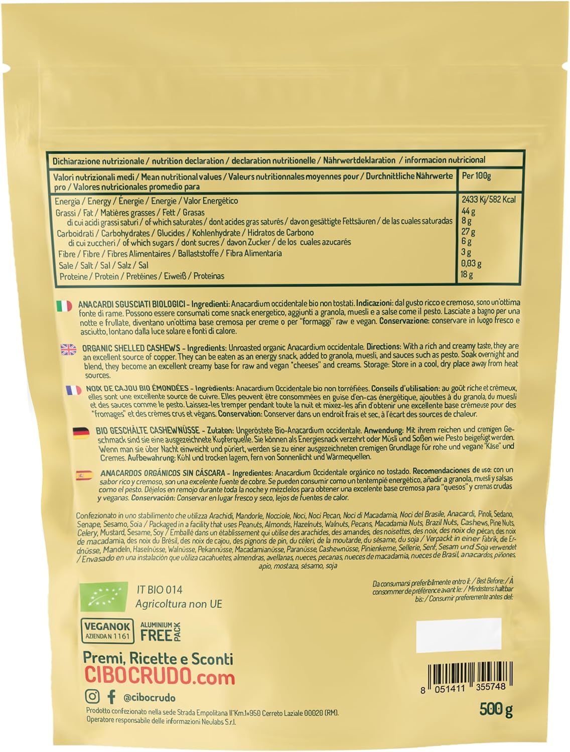Detalle 2 de Anacardi Naturali Sgusciati Crudi e Biologici - 500g: snack versatile e nutriente
