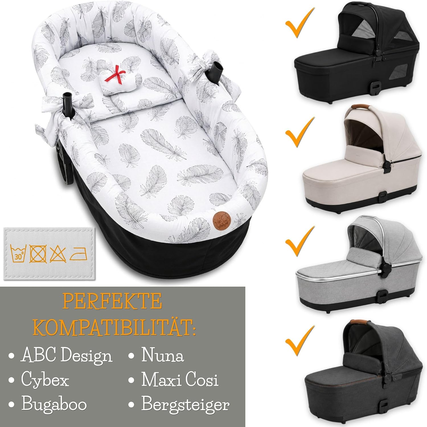 Detalle de Set 3 pezzi per passeggino in mussola neonato – inserto navicella rosa (coprimaterasso, cuscino e inserto 72x32 cm)