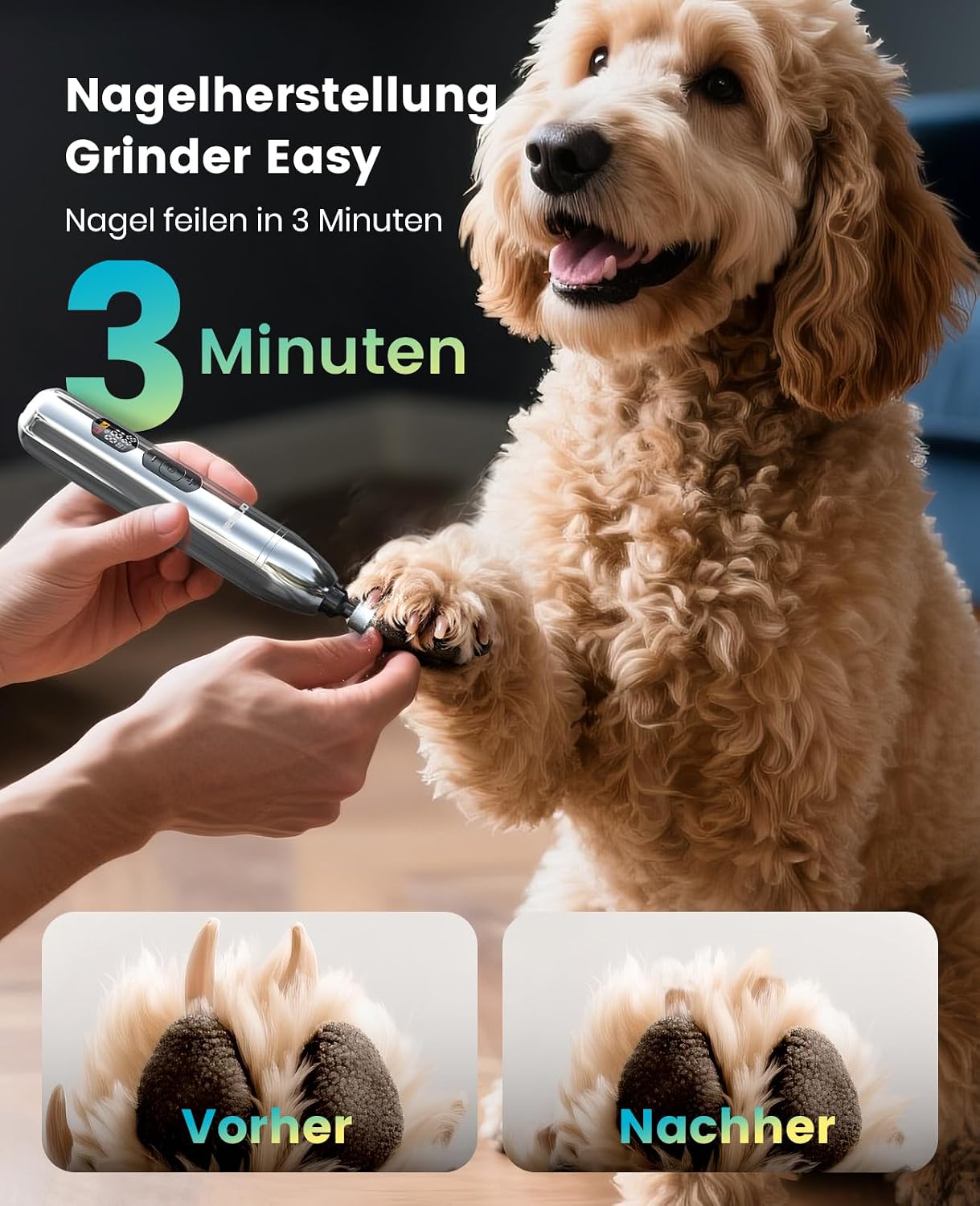 Detalle de oneisall 4-in-1 Hundeschermaschine für dickes Fell (leise Profi-Schermaschine, Pfotentrimmer & Nagelschleifer, 4h Akku)