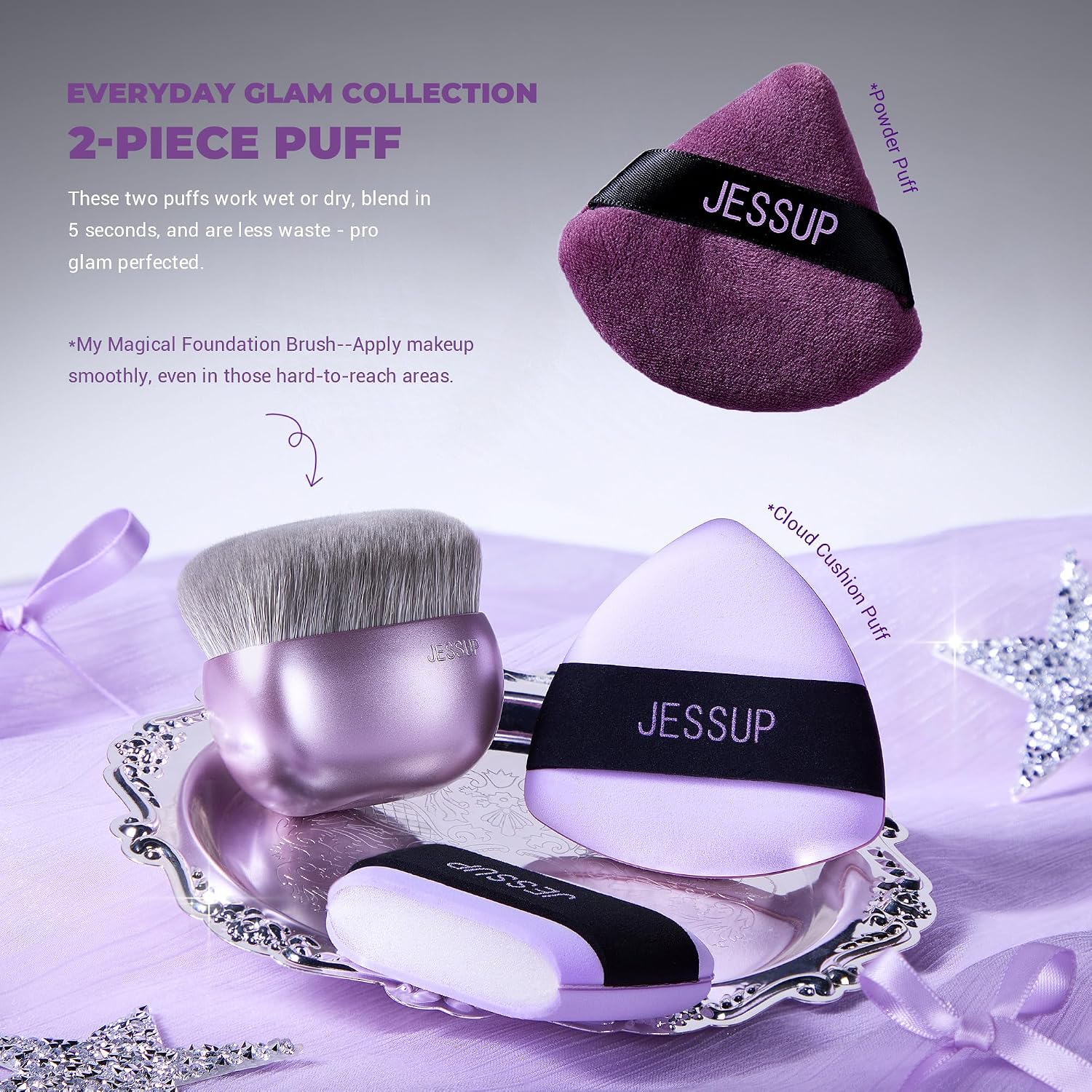 Detalle de Coffret Jessup de pinceaux de maquillage violet 11 pièces (kabuki, éponges, houppettes, tapis de nettoyage) T885