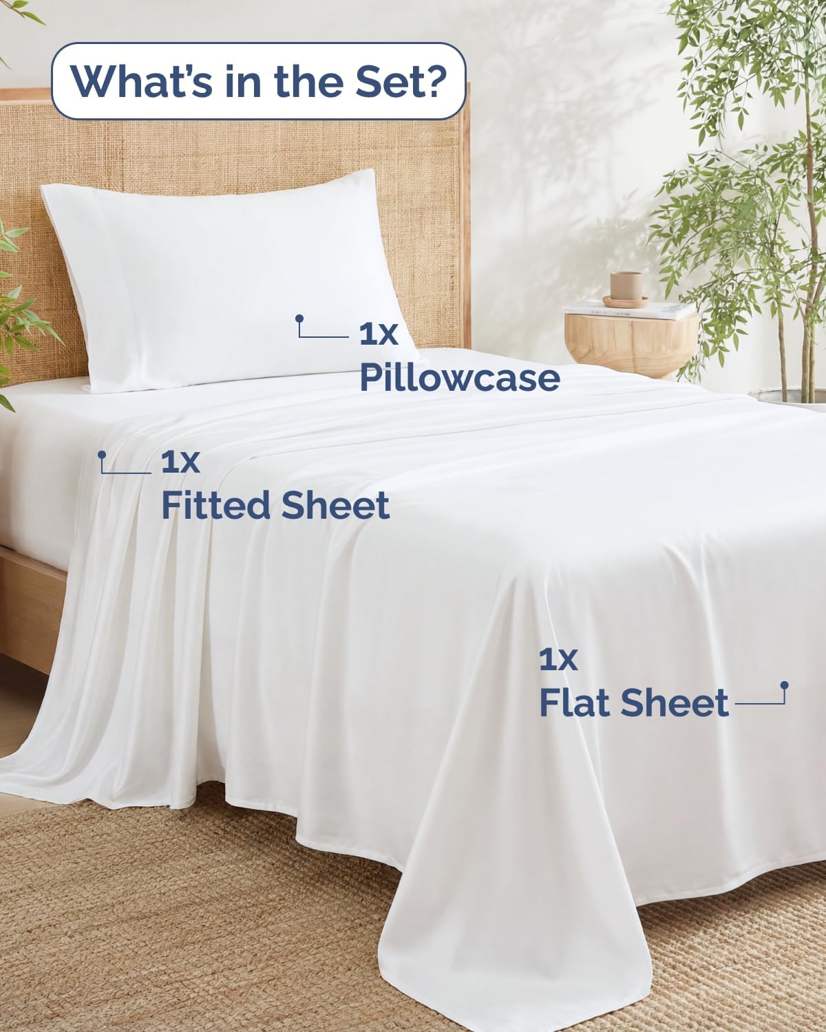 Detalle de Bamboo Sheets Twin Size: 100% Rayon Derived From Bamboo Cooling Set (1 Flat, 1 Fitted, 1 Pillowcase) – Ultra-Soft, Breathable Hotel-Luxury Bedding