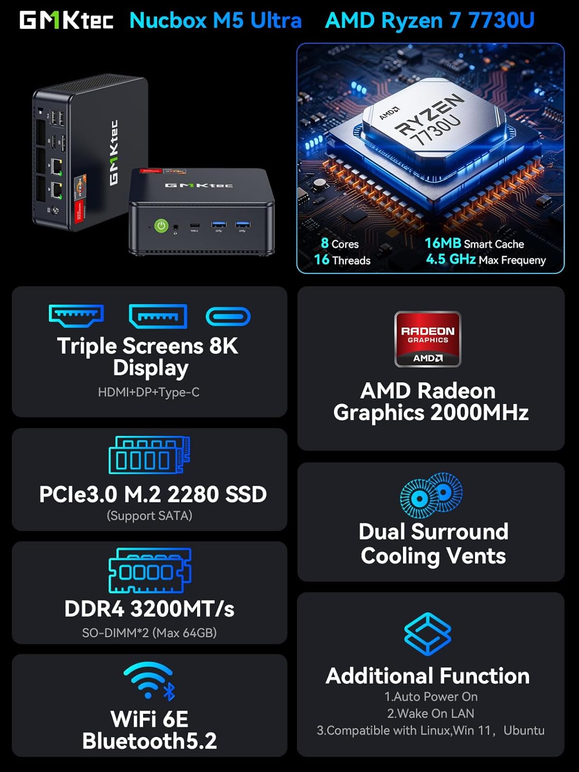 Thumbnail 1 de GMKtec M5 Ultra Gaming Mini PC Ryzen 7 7730U 16GB