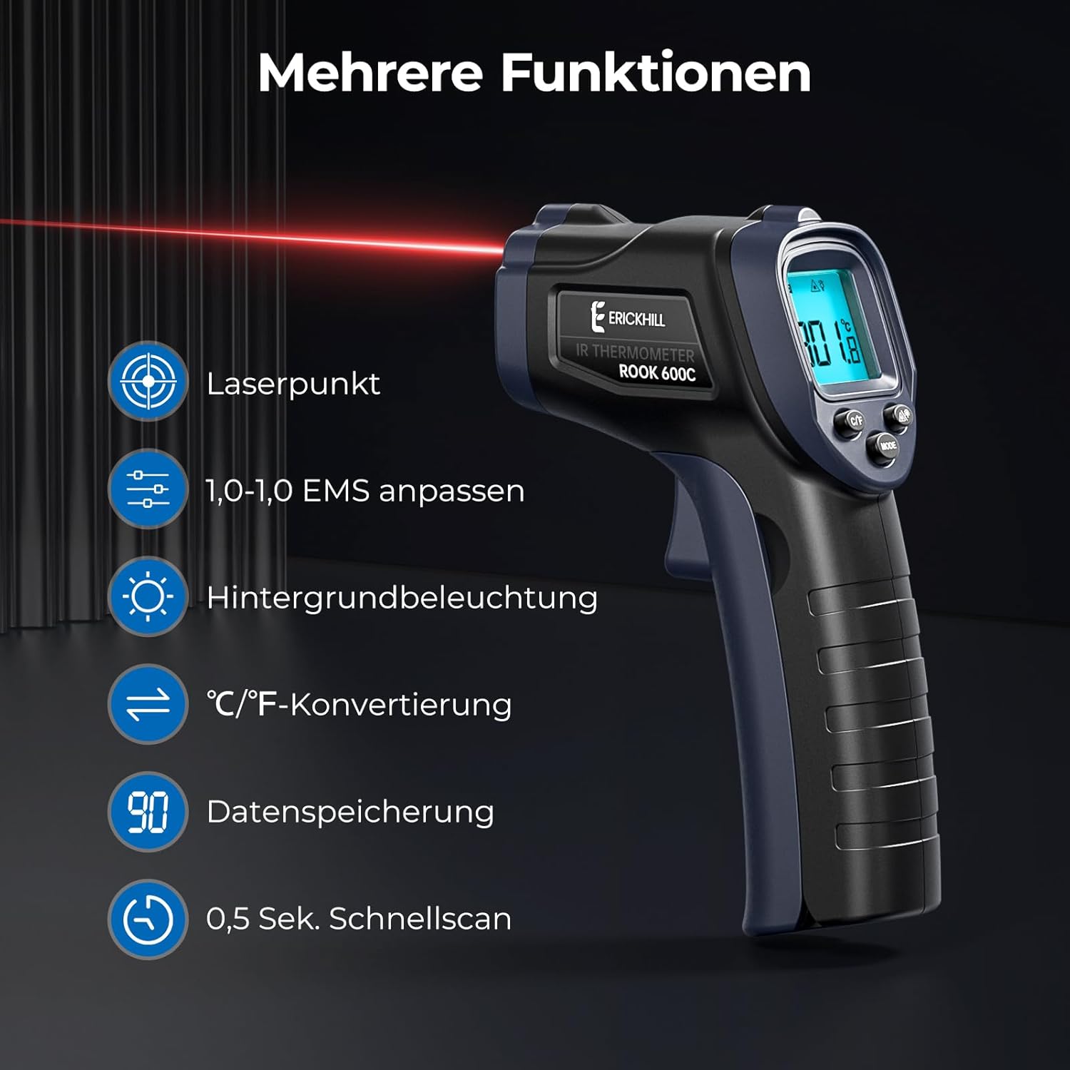 Thumbnail 1 de ERICKHILL Infrarot-Thermometer Laser 12:1 (‑50 bis 600 °C) mit einstellbarem Emissionsgrad – berührungslos