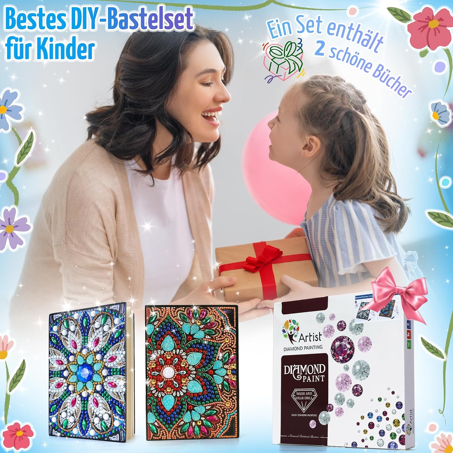 Detalle de pearoft Bastelset Mädchen (7–10 Jahre) – Tagebuch & Diamant Painting A5 Notizbuch Set mit Mandala