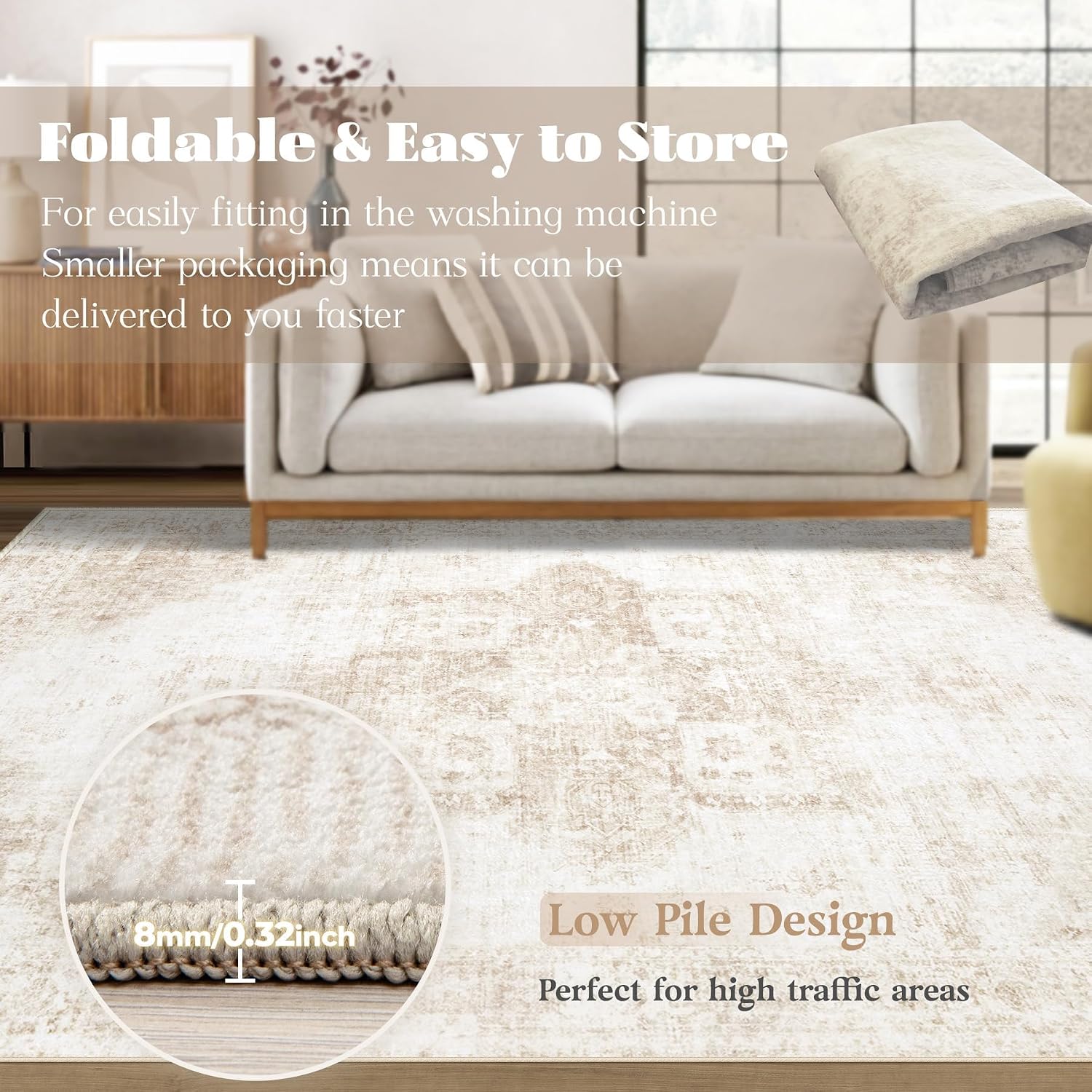 Thumbnail 6 de VECARF 8x10 Washable Area Rug – Vintage Boho Medallion, Non-Slip, Low-Pile Comfort for Busy Homes