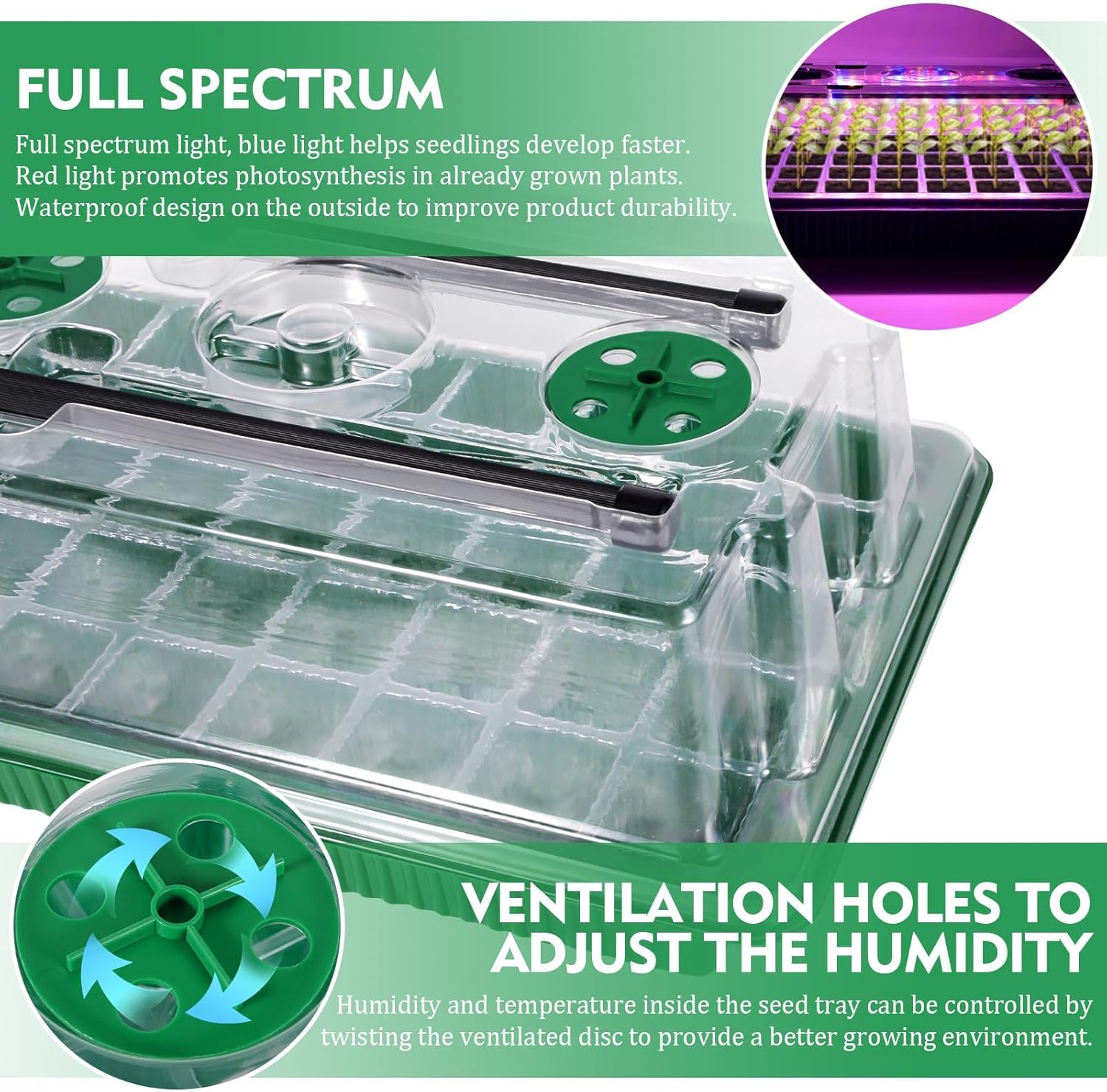 Detalle 2 de Kit de démarrage de graines Verdenu Seed Starter Tray avec lampe de croissance (lot 2, 80 alvéoles) et dôme d’humidité
