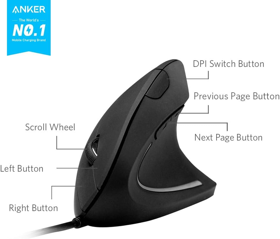 Detalle 2 de Anker Ergonomic Vertical Mouse, USB Wired, Optical, 1000/1600 DPI, Black