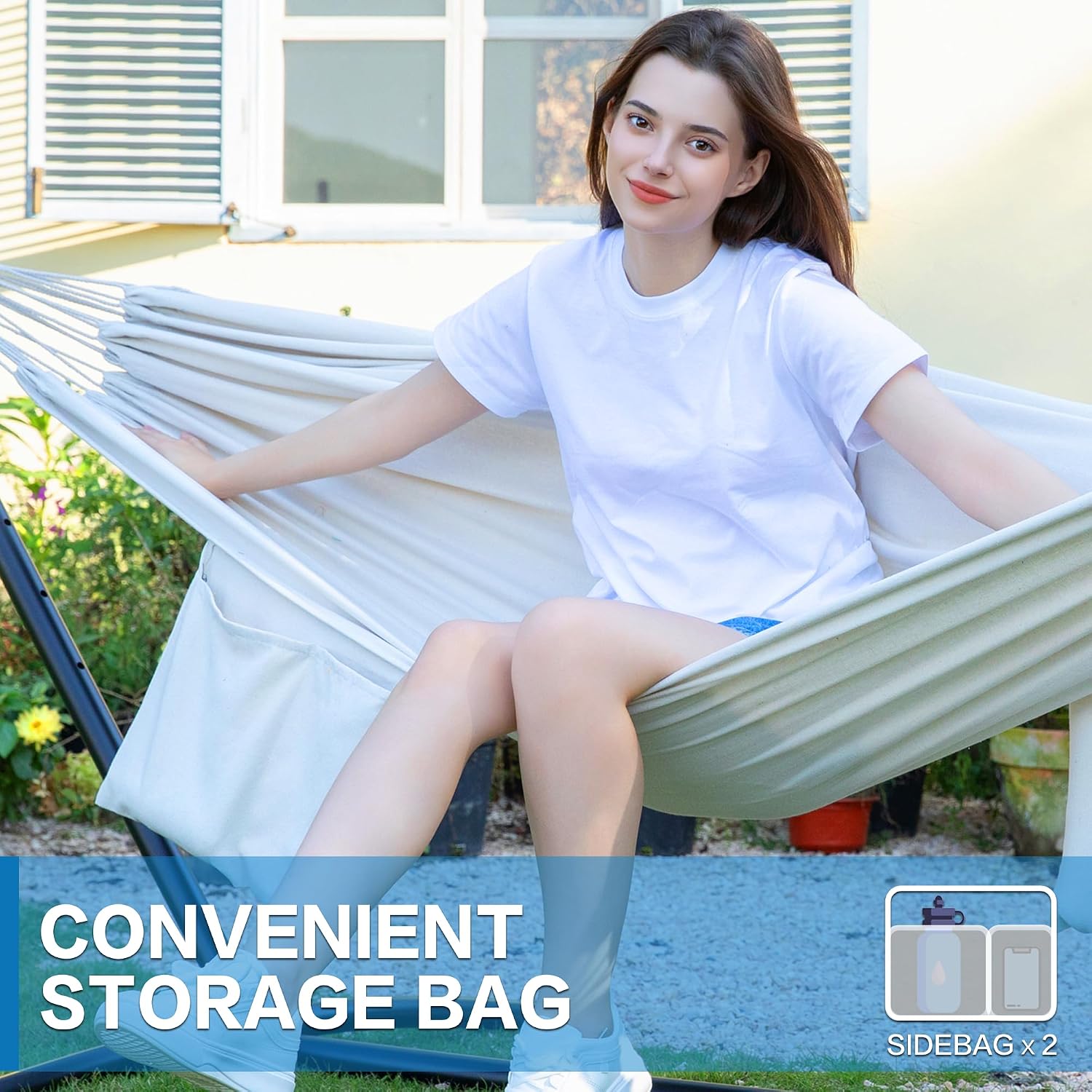 Detalle 1 de PNAEUT A01YSB01008 Double Hammock with Steel Stand, Beige, 450 lb Capacity
