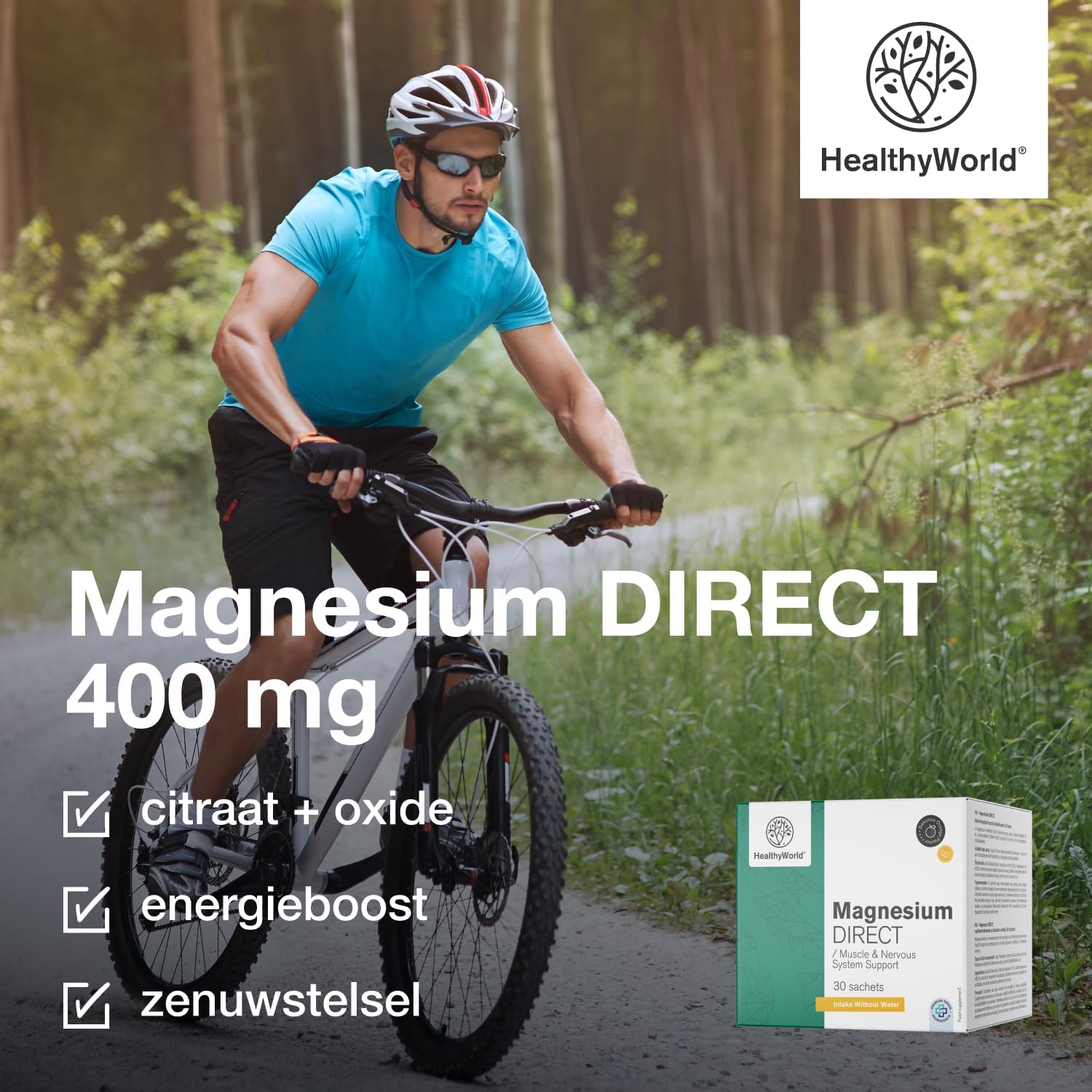 Detalle de HealthyWorld Magnesium DIRECT 400 mg met citraat en oxide, 30 zakjes