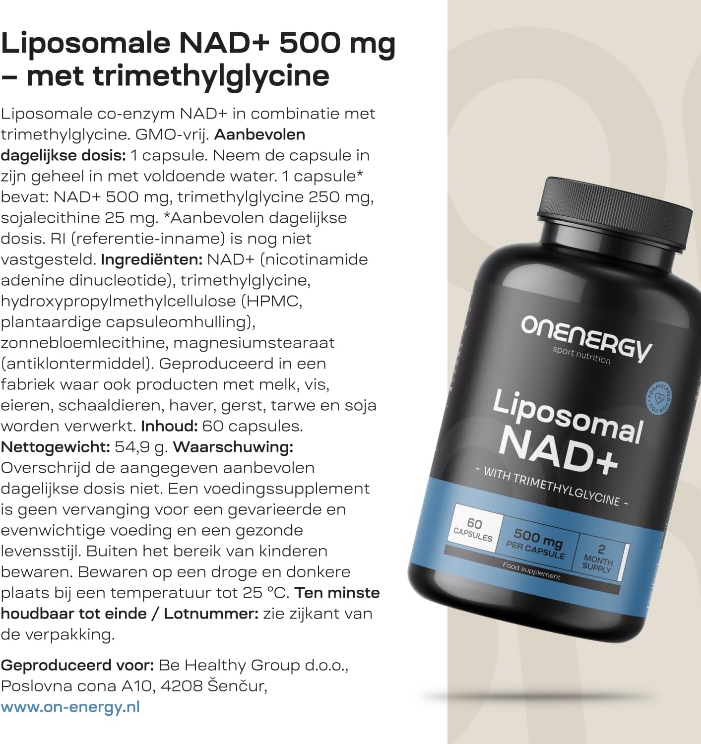 Detalle 2 de ONENERGY Liposomale NAD+ 500 mg met trimethylglycine, 60 capsules