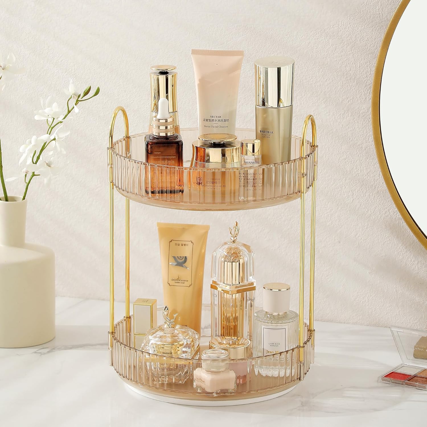 Detalle de ROWNYEON Makeup Organiser 360 Rotating — 2-Tier Gold Spinning Storage