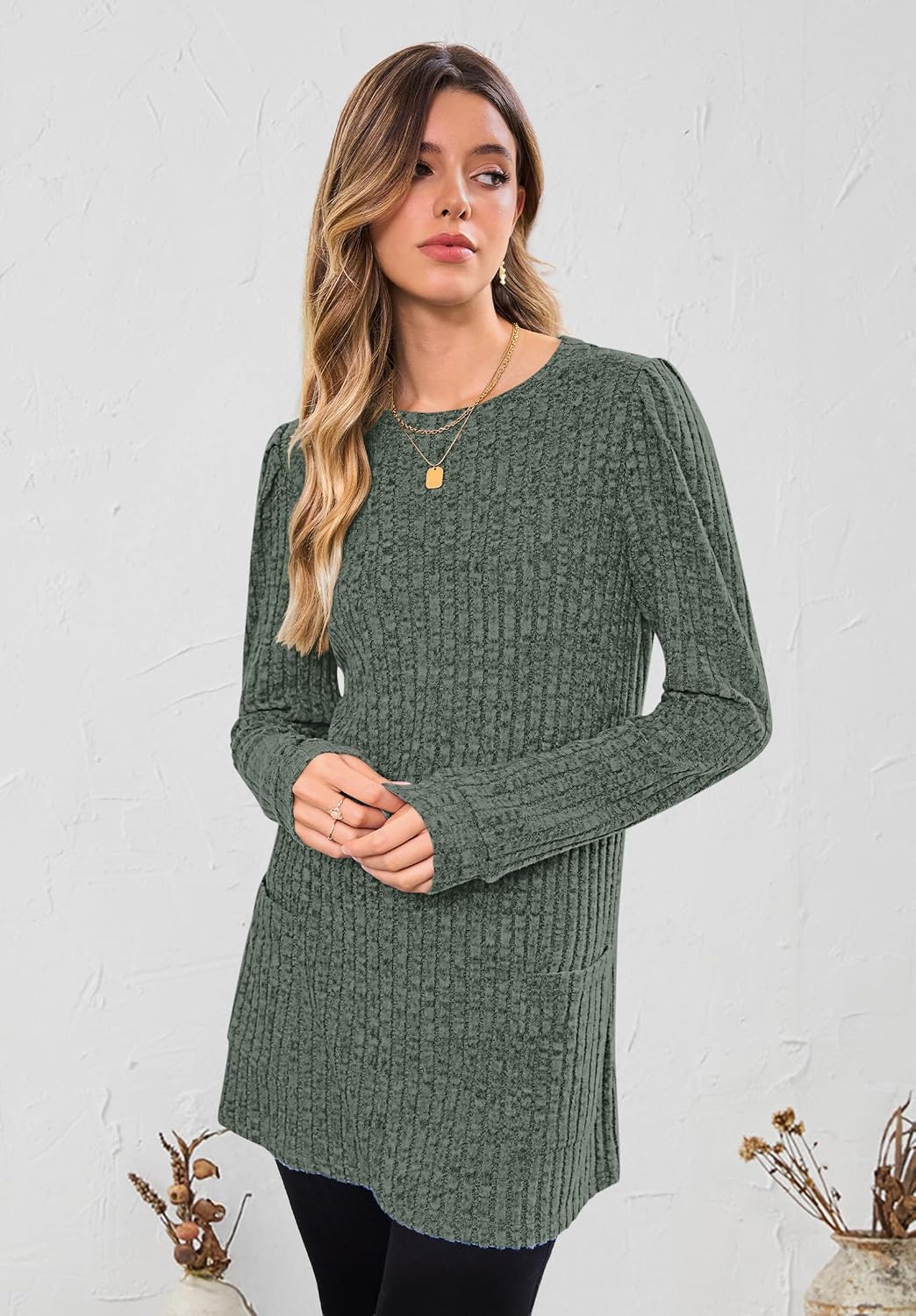 Thumbnail 2 de WNEEDU Women's Sweater Dress, Long-Sleeve Striped Tunic with Pockets