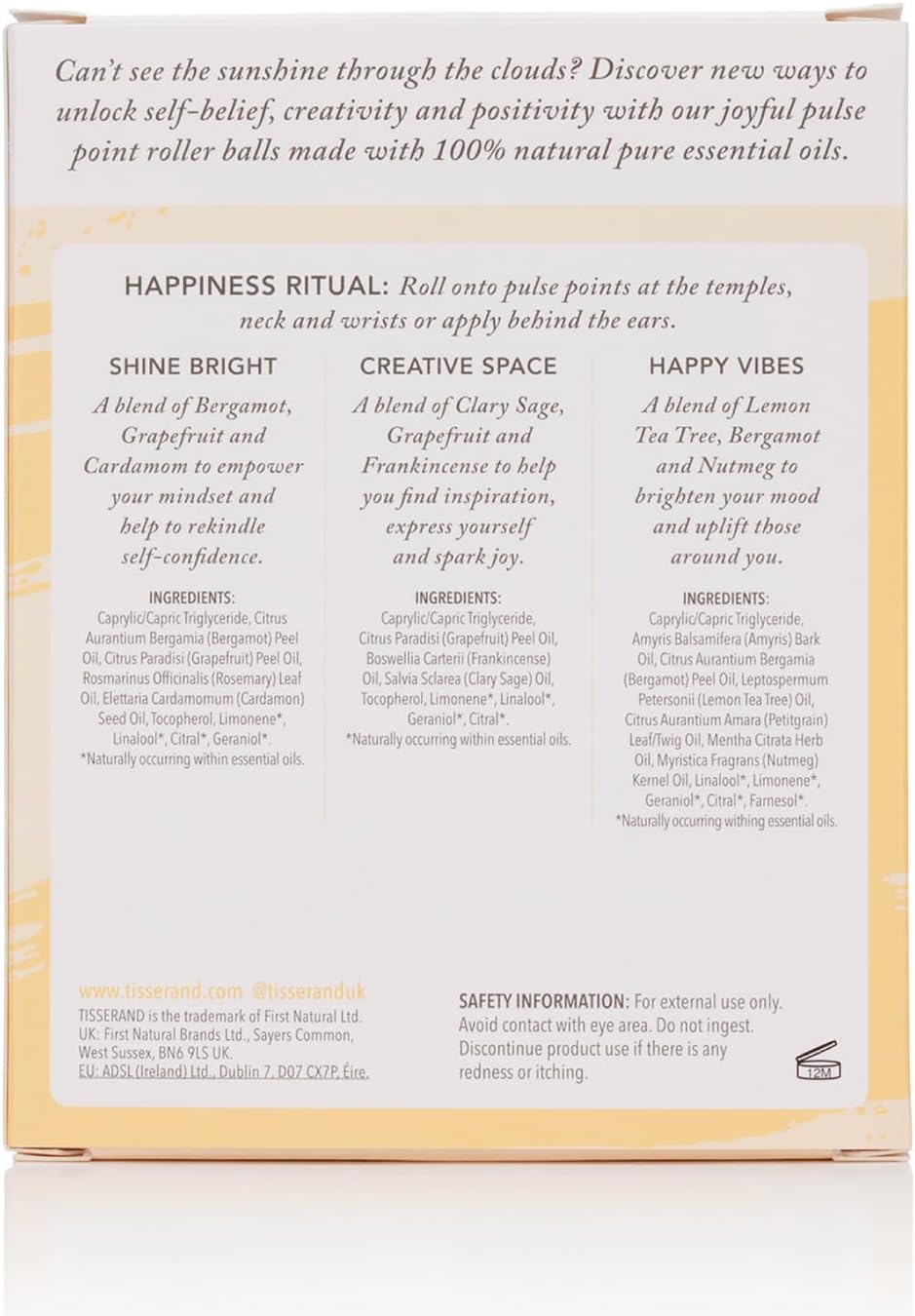 Detalle de Tisserand The Little Box of Happiness: Shine Bright, Creative Space & Happy Vibes — 3x10ml Pure Essential Oil Roll-Ons