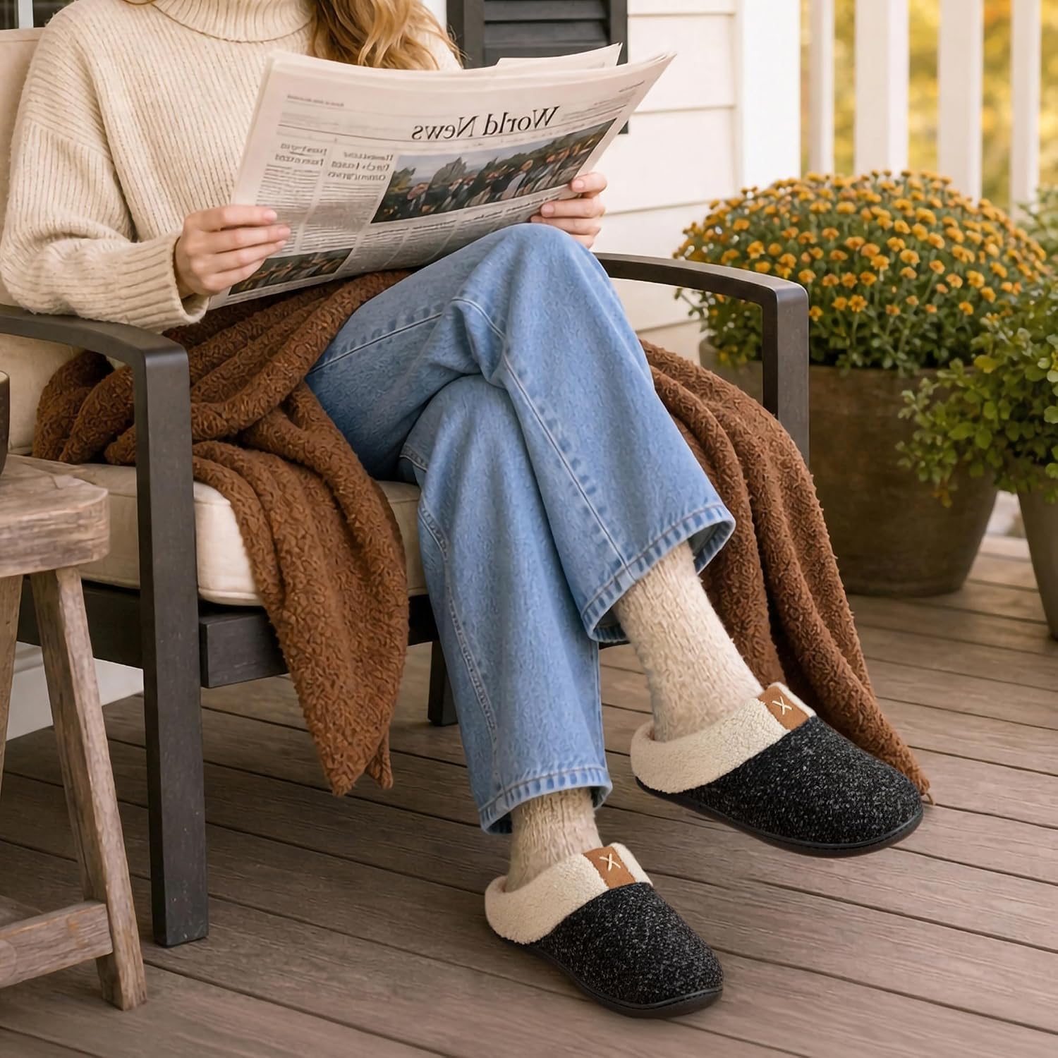 Detalle de ULTRAIDEAS Women's Cozy Memory Foam Slippers with Fleece Lining and Rubber Sole