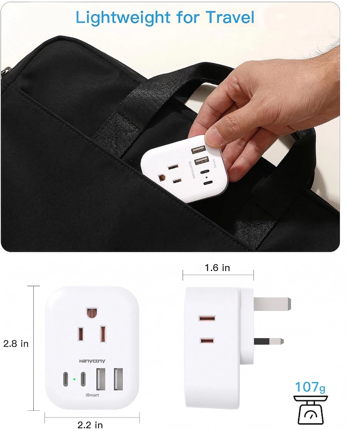 Thumbnail 4 de HANYCONY HN4WKC2 Type G Travel Adapter, 4 Outlets and 4 USB Ports