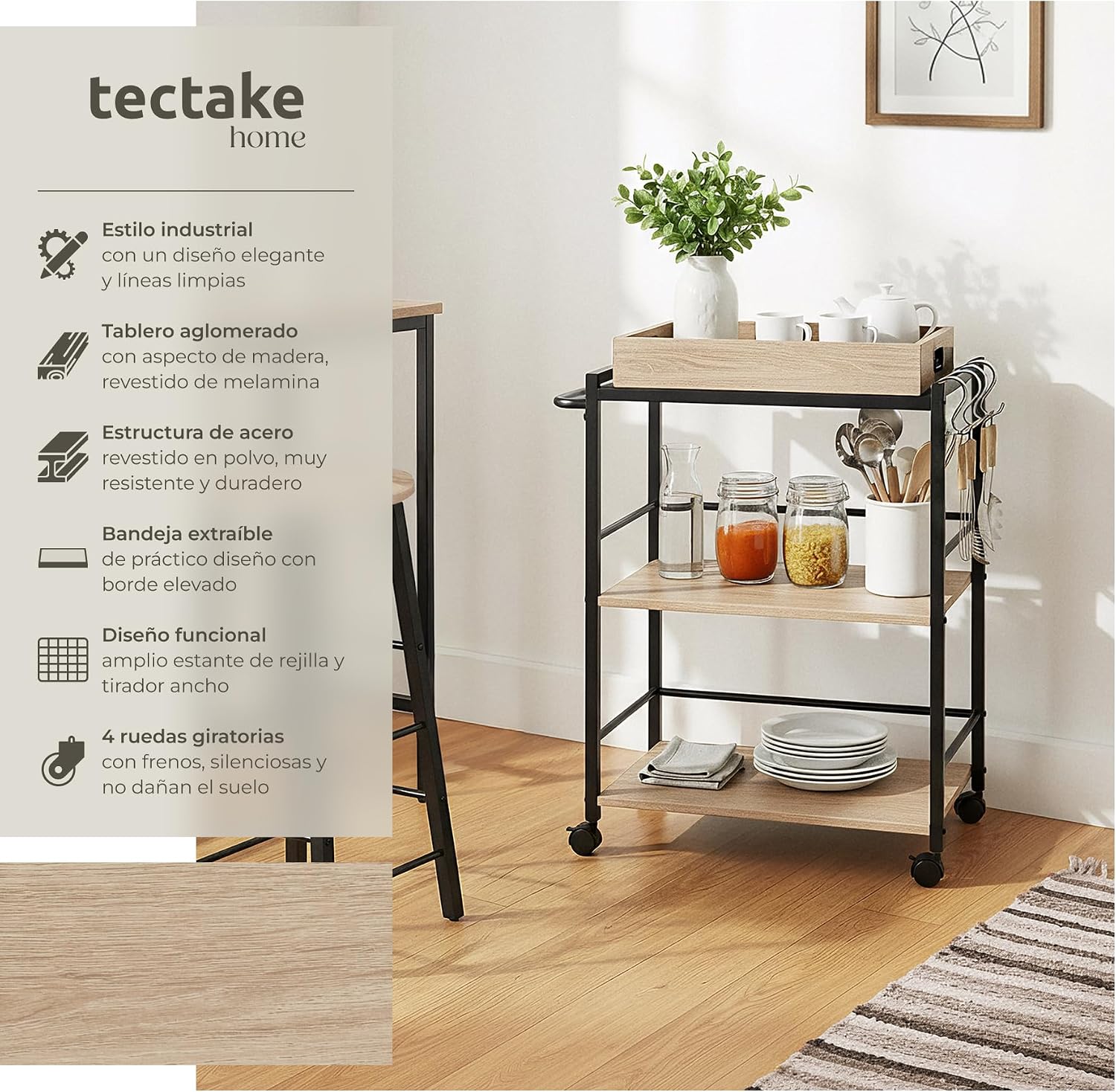 Thumbnail 1 de tectake® Carrito de cocina 65 x 41,5 x 87 cm