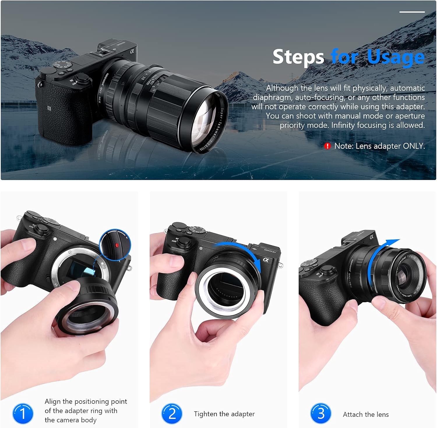 Detalle de Neewer adattatore obiettivo M42 per Sony NEX E-Mount (messa a fuoco manuale)