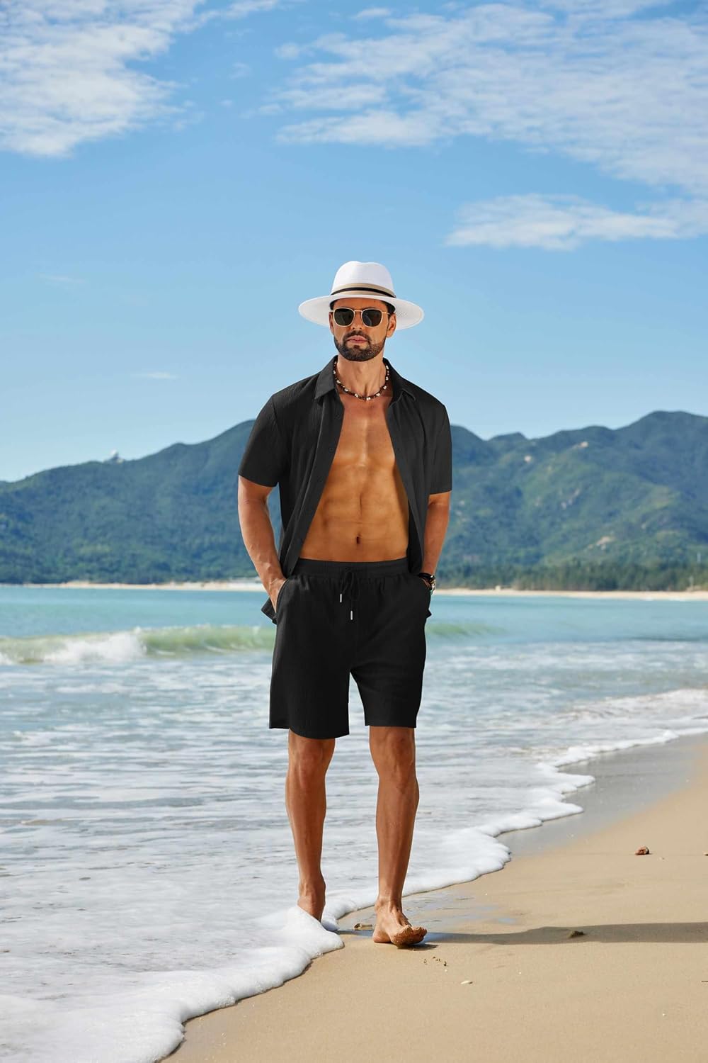 Detalle 2 de COOFANDY Men’s 2-Piece Shirt and Beach Shorts Set, Lightweight Textured Fabric