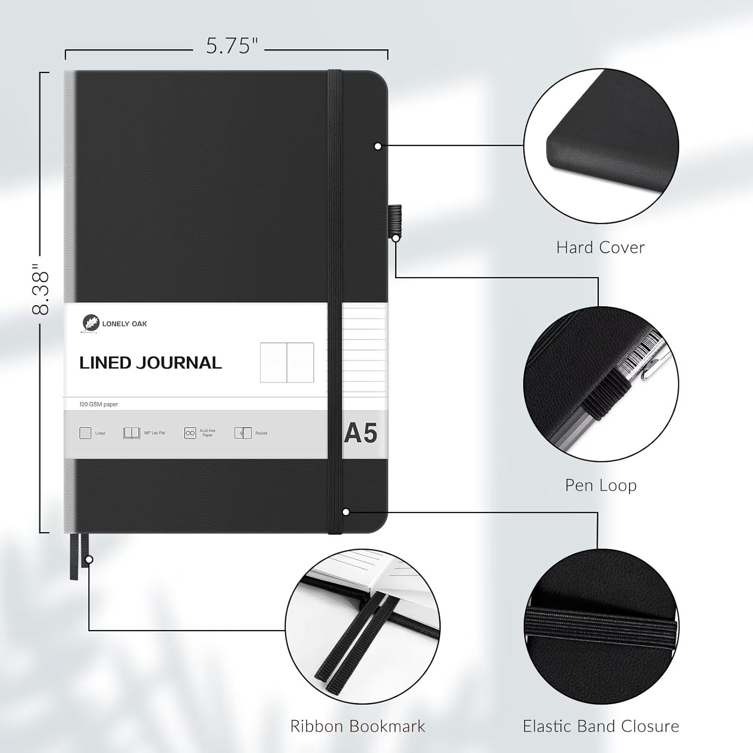 Thumbnail 5 de Lonely Oak Lined Journal Notebook (A5) with Leather-Style Hard Cover, Acid-Free 120GSM Paper