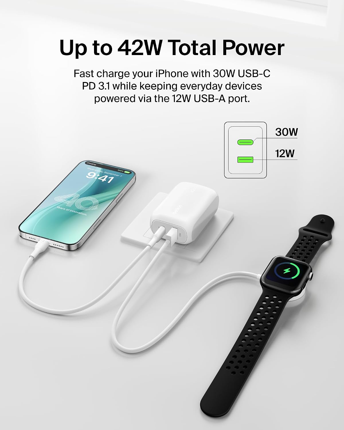 Detalle de Belkin 42W Dual-Port Charger Block USB-C + USB-A