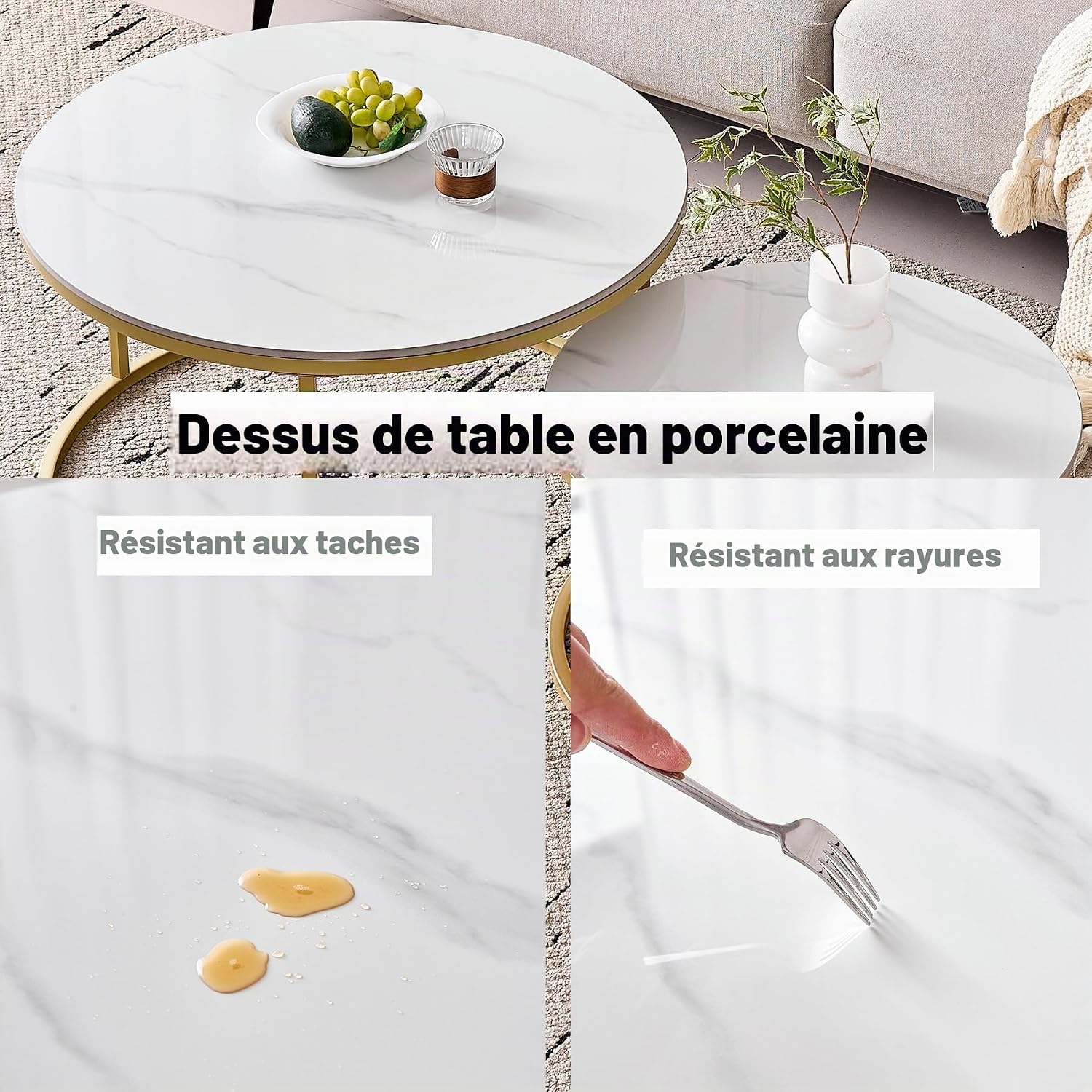 Detalle 1 de BenyLed BEY-YBCJ-80 set van 2 ronde salontafels, keramiek, wit/goud