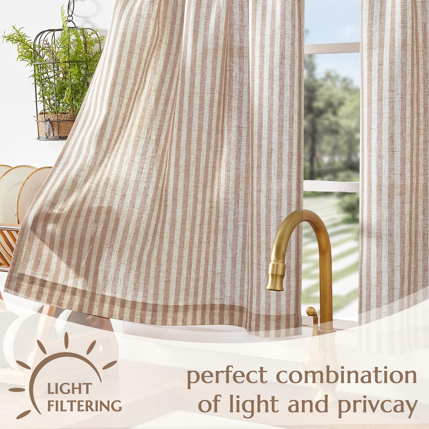 Thumbnail 3 de jinchan Striped Linen Kitchen Curtains 30" Tan 🪟