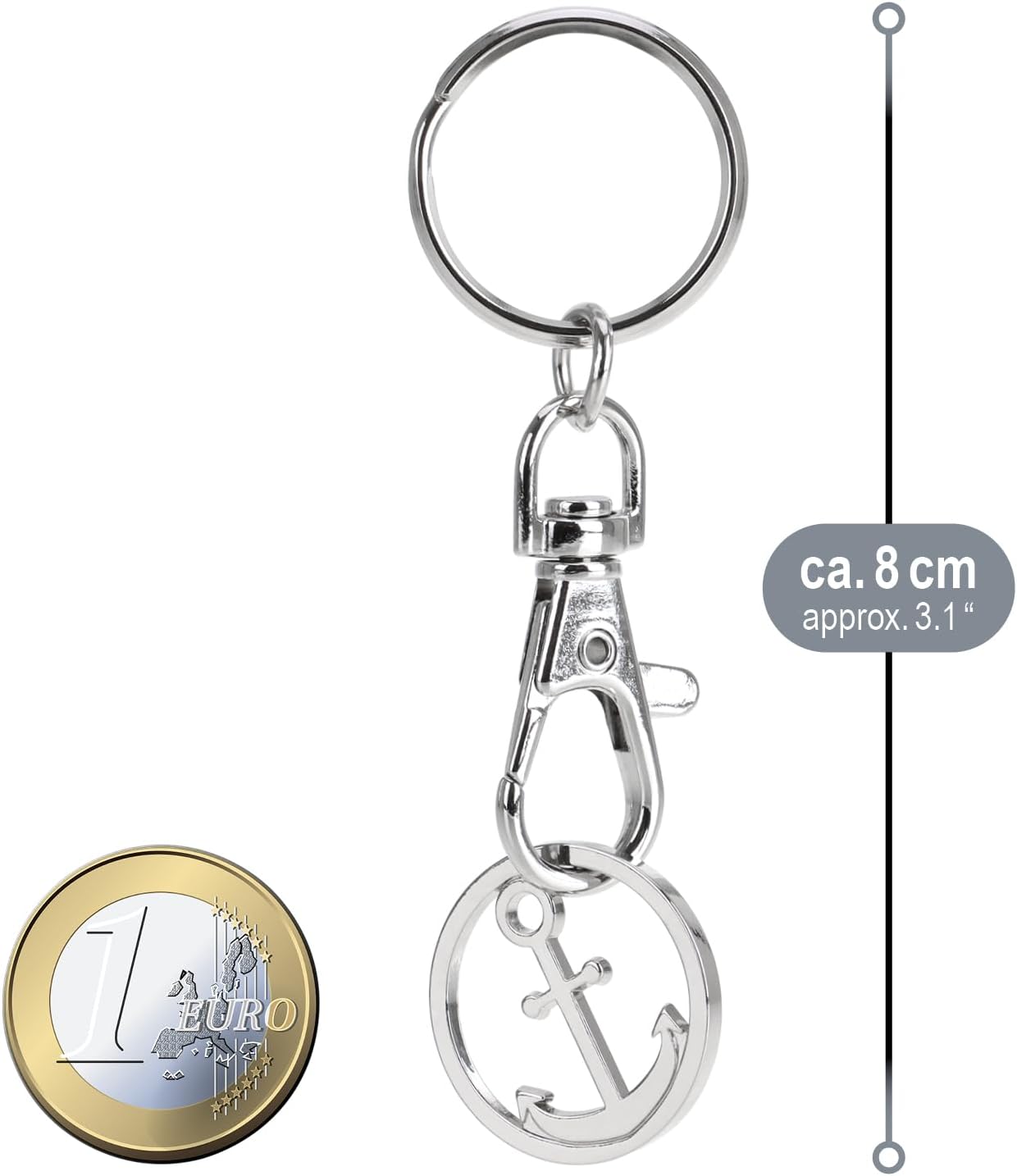 Thumbnail 5 de com-four® 5x Schlüsselanhänger aus Metall mit Karabinerhaken und Einkaufswagenchip – abnehmbarer Chip als Glücksbringer (5er Set)