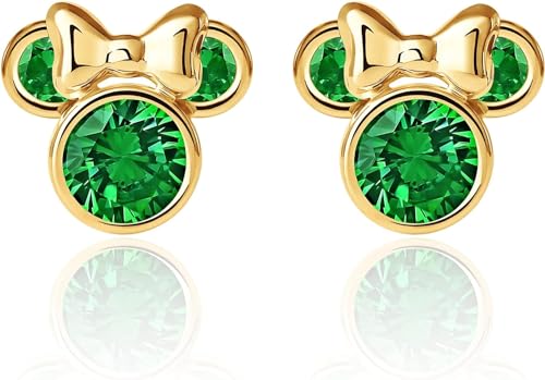 Detalle de Pendientes Disney de oro amarillo 9 quilates Minnie con circonitas verde oscuro