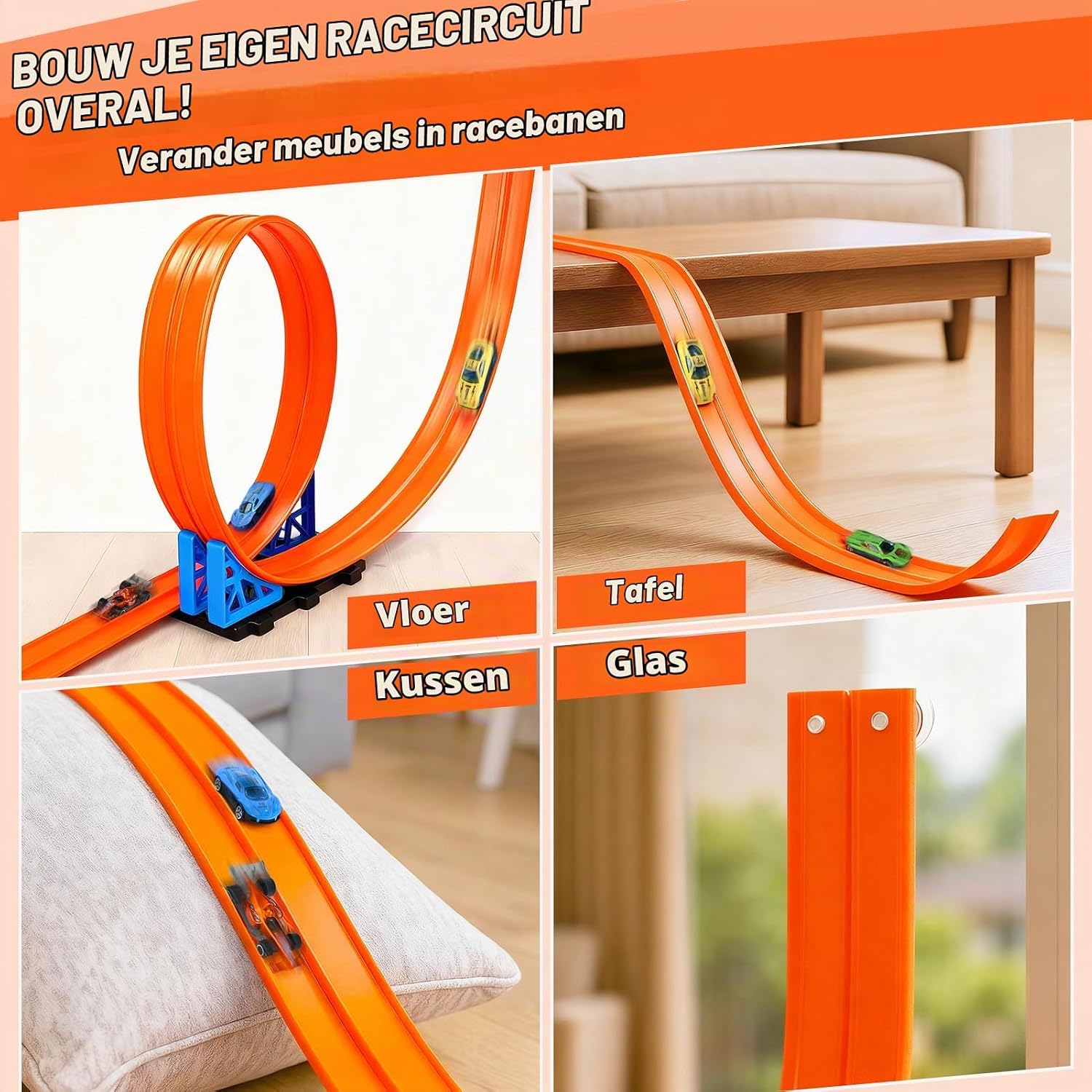 Detalle 2 de Dreamon 088-11-6m-orange flexibele autoracebaan van 6 meter met 4 auto's