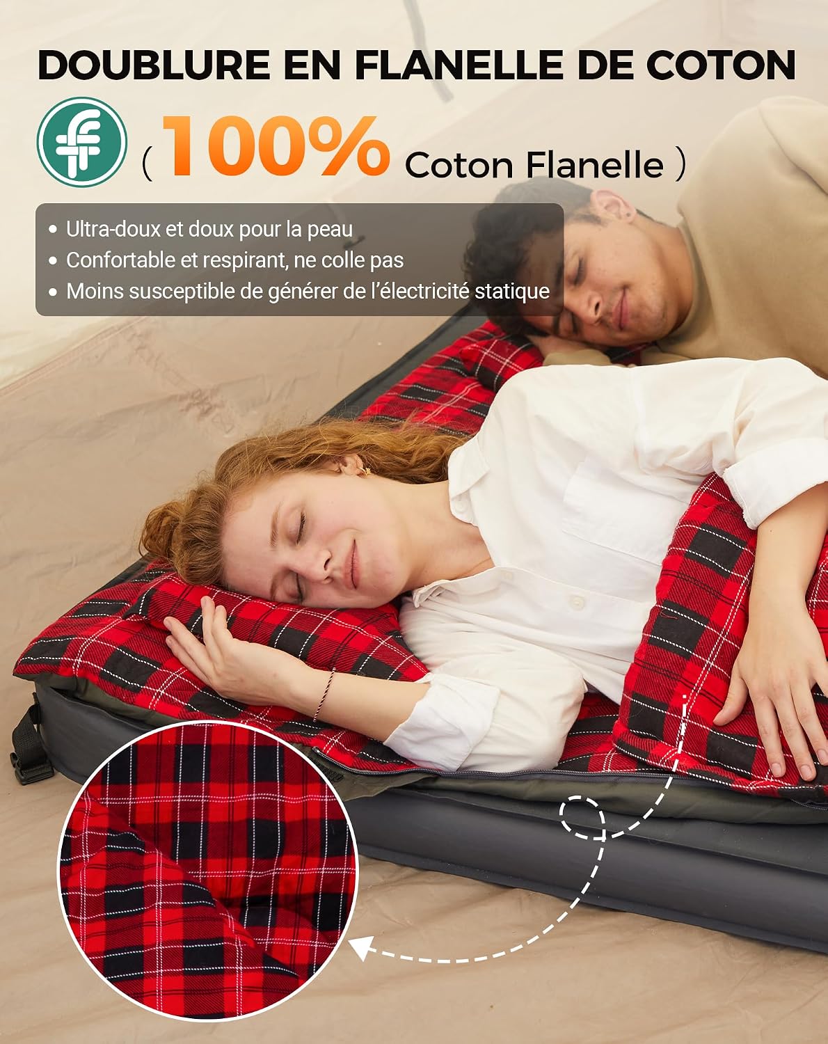 Detalle de KingCamp Double Sac de couchage rectangulaire avec 2 oreillers (220 × 150 cm)
