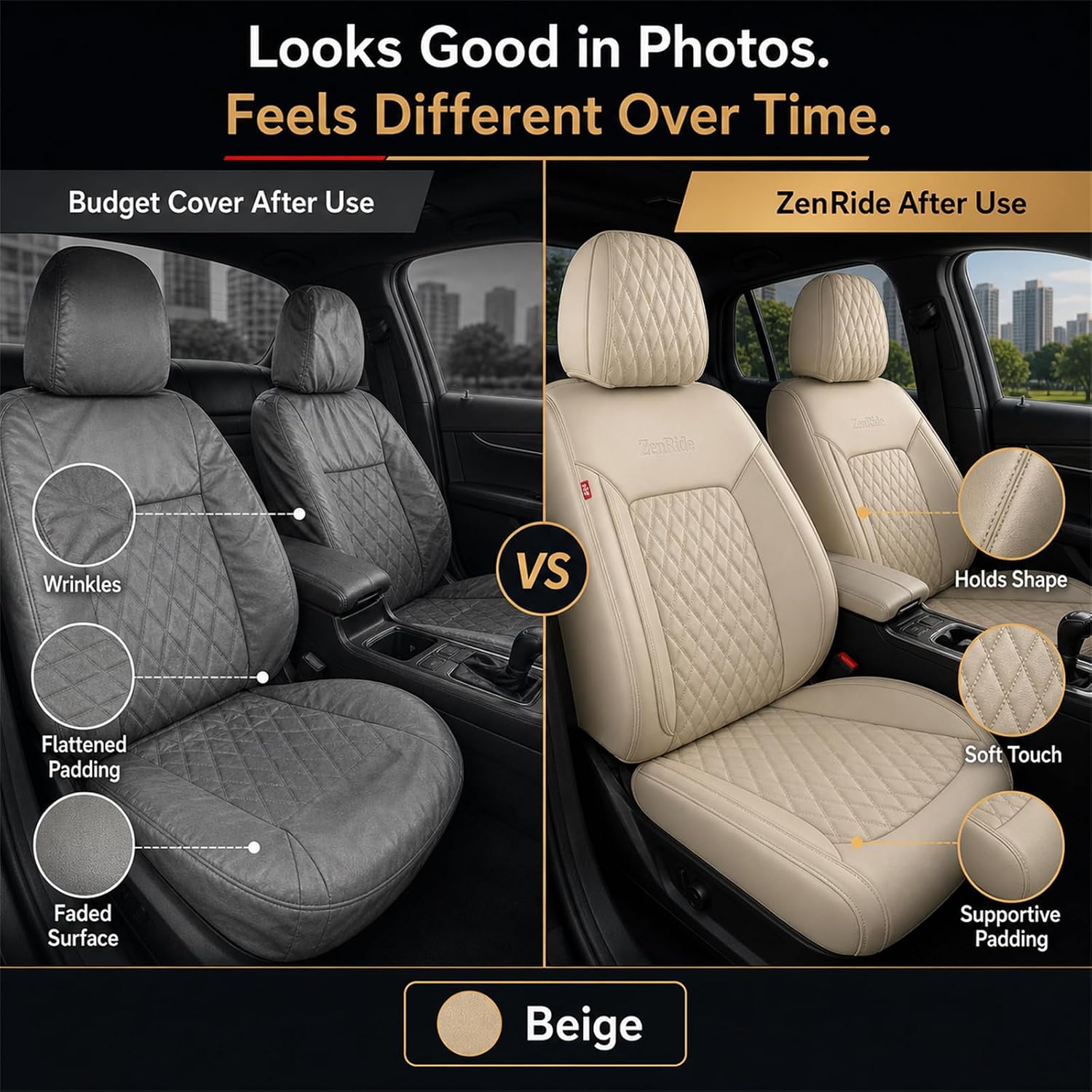Thumbnail 2 de Beige High-Density Nappa Leather Car Seat Covers — Universal Precision Fit, 3D Contoured, Full Coverage