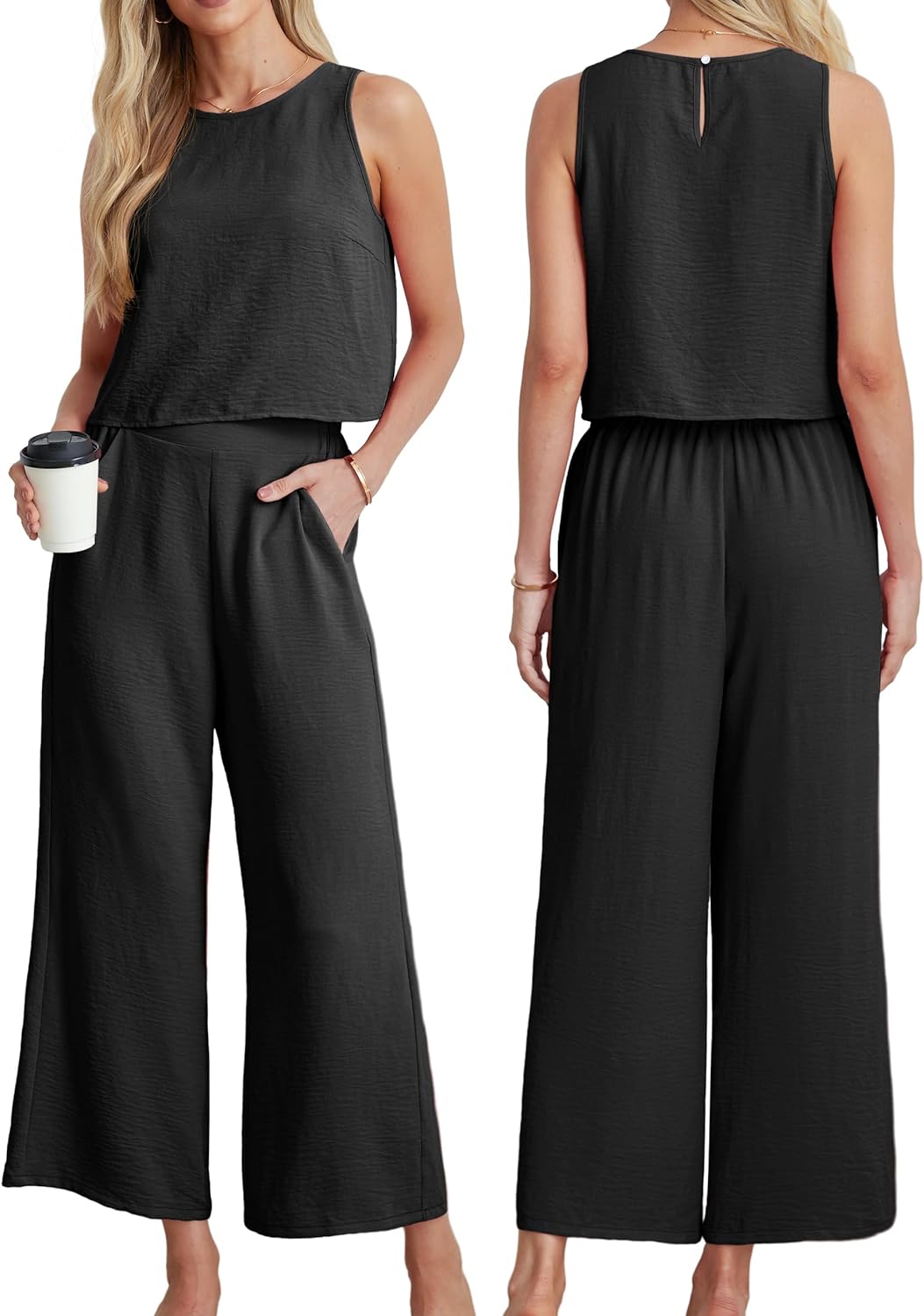 Detalle de IWOLLENCE Women's Summer 2 Piece Outfit Set: Sleeveless Crop Top + Wide-Leg Pants