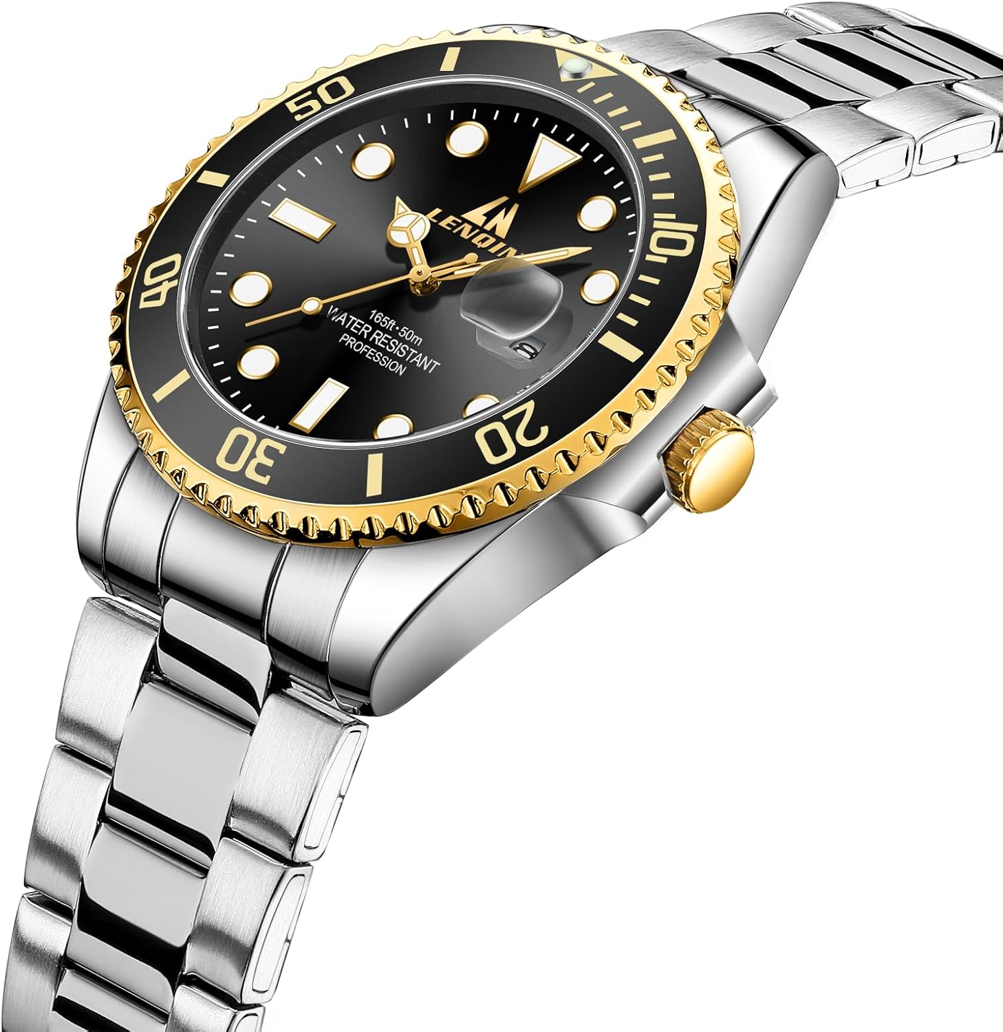 Detalle de LN LENQIN Herren Uhr Edelstahl – Datum, Leuchtziffern, 3ATM, Quarz-Armbanduhr