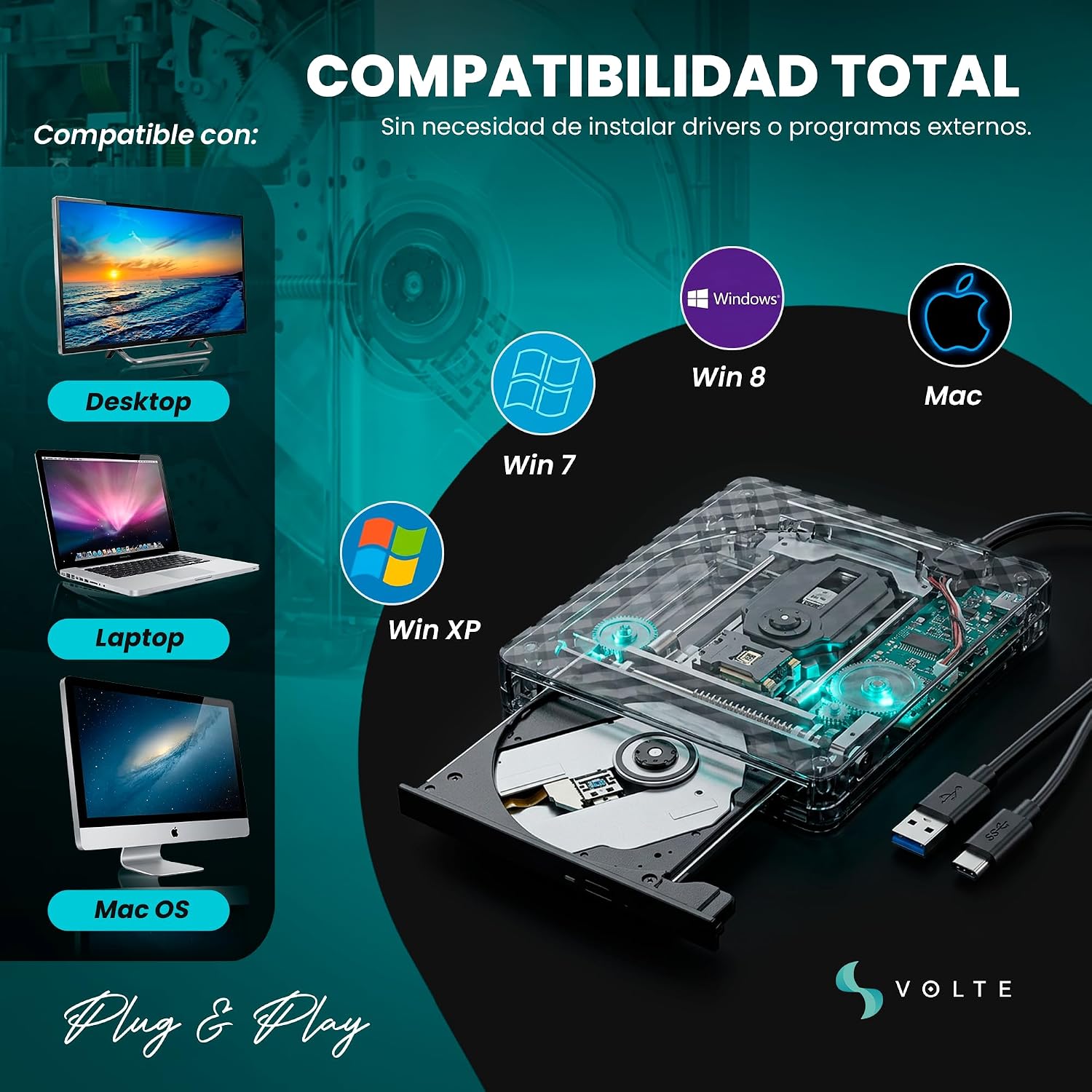 Thumbnail 4 de VOLTE Lector CD/DVD Externo USB 3.0 para PC y portátil