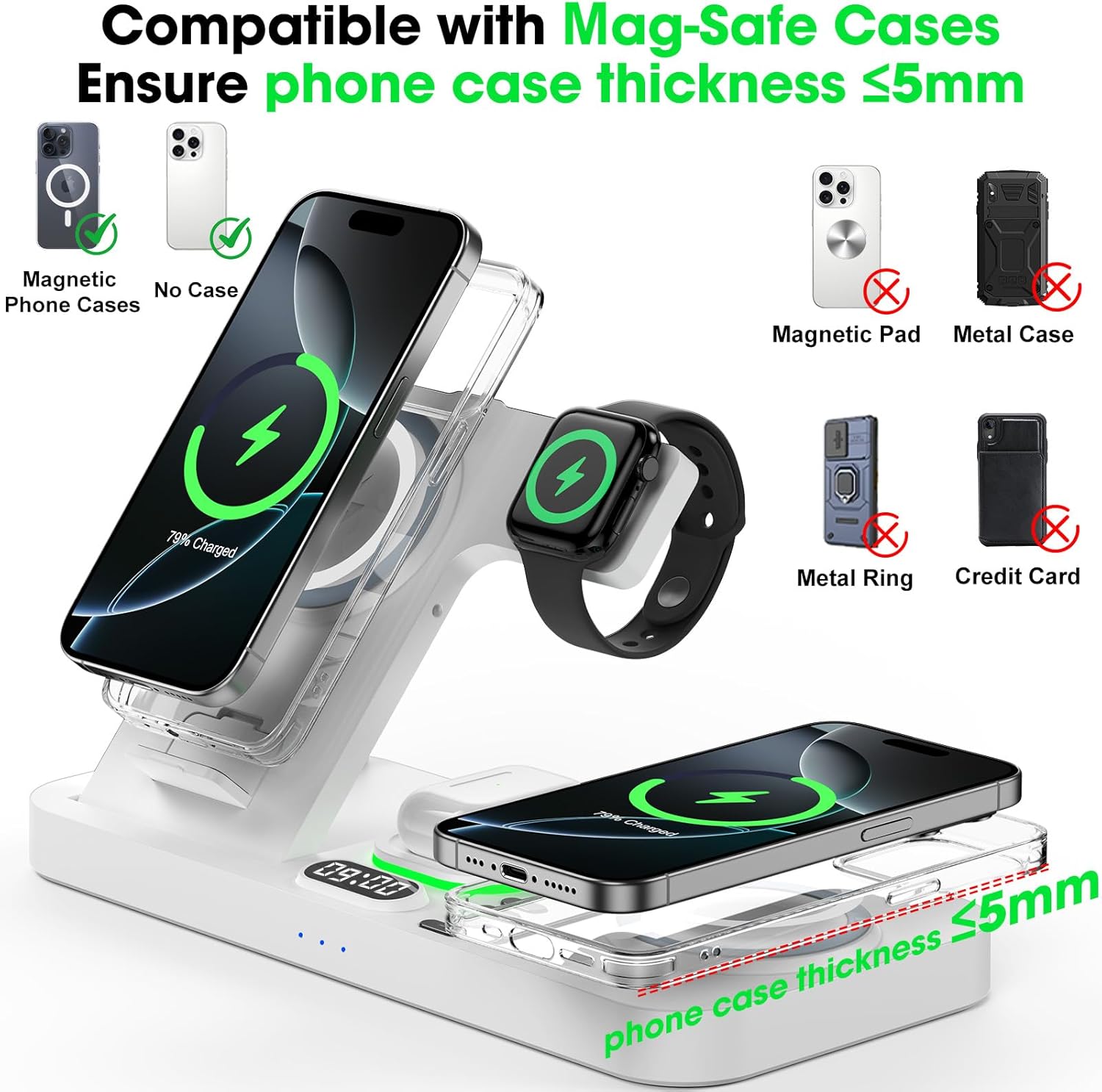Detalle 2 de Dual Phone Wireless Charging Station for Apple Devices (Magnetic Charging) with 7-Color Light & 12-Hour Clock