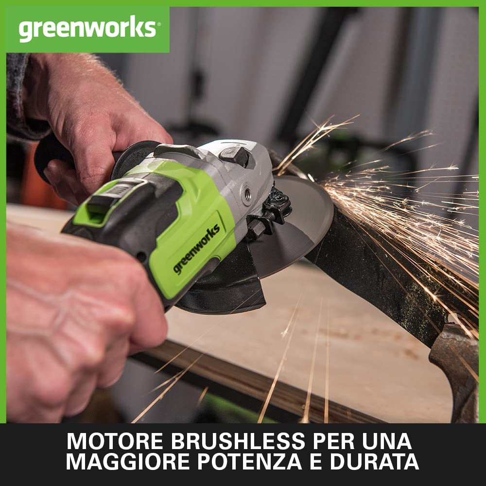 Thumbnail 2 de Greenworks GD24AGK4 smerigliatrice angolare a batteria 125 mm da taglio, 10.500 giri/min (destrorsa o mancino) con batteria 24V 4Ah e caricatore, garanzia 3 anni