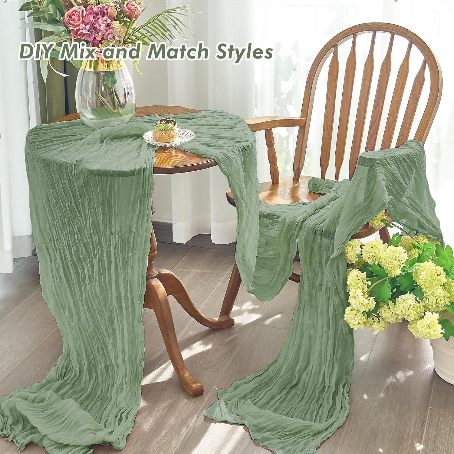 Detalle de IVAPUPU 2-Piece Gauze Cheesecloth Table Runner Set (10 ft) in Sage Green for Spring & Easter Decor