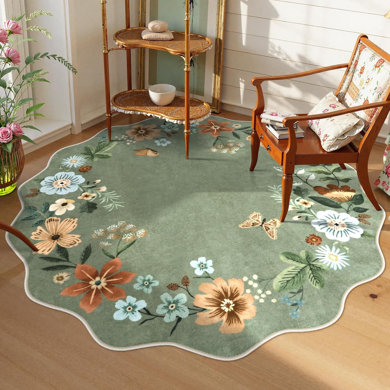 Detalle de Lahome Floral Washable Round Area Rug, 5ft Round, Non-Slip, Boho Green