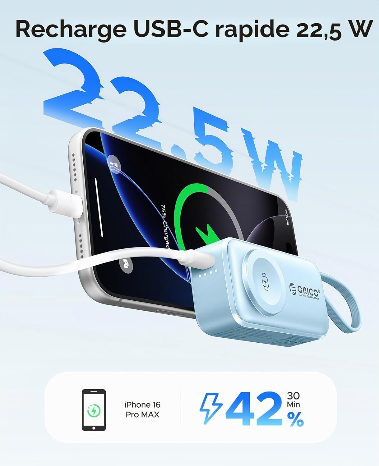 Thumbnail 2 de ORICO Mini Power Bank 5000mAh — Chargeur 3-en-1 PD 22,5W avec USB-C pliable et câble intégré, magnétique Apple Watch, Bleu