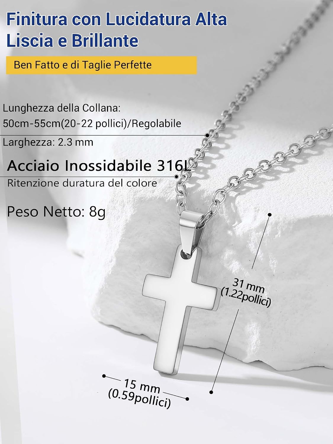 Detalle de PROSTEEL collana con pendente a croce in acciaio 316L, placcato oro – catena regolabile 50+5 cm
