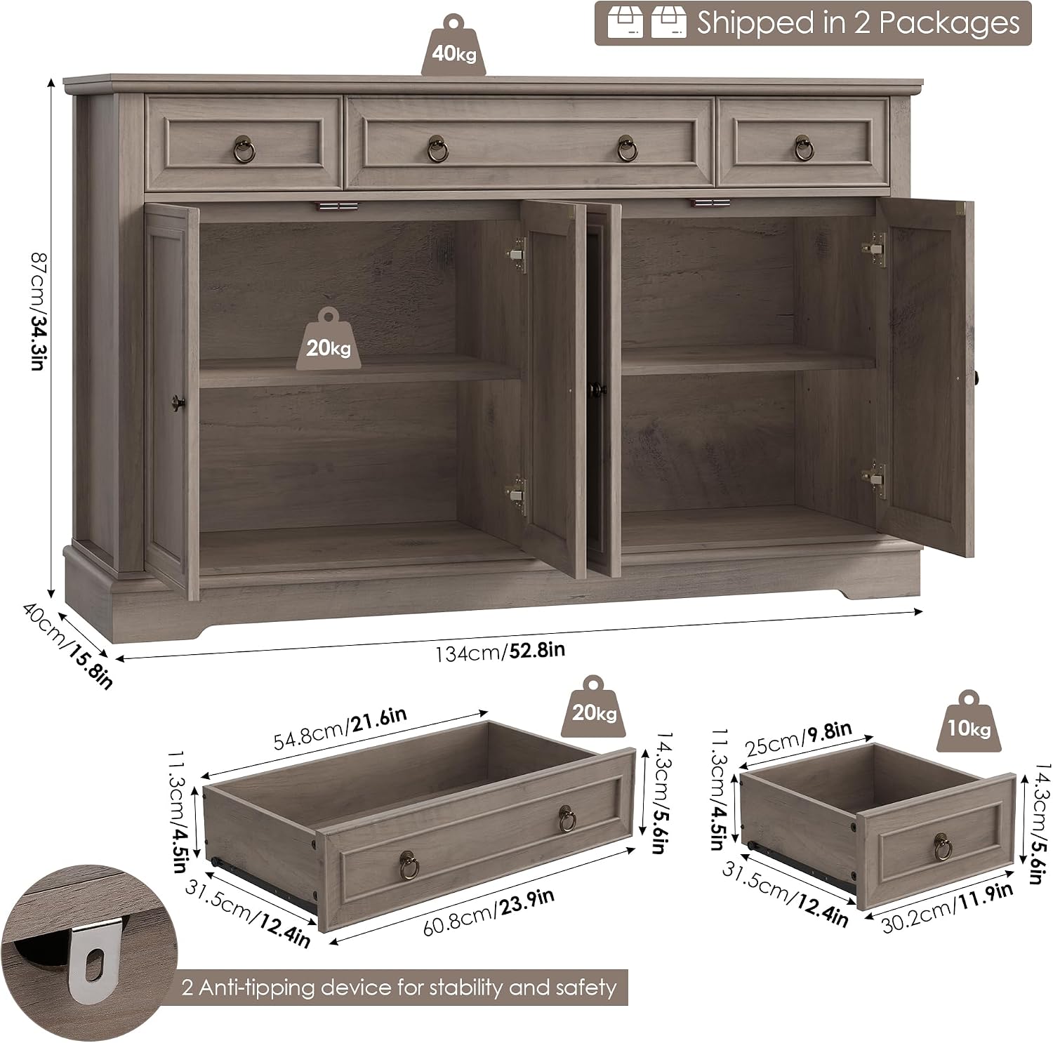 Detalle de FirFurd P307 Ash Grey Sideboard, 3 Drawers, 4 Doors and Adjustable Shelf