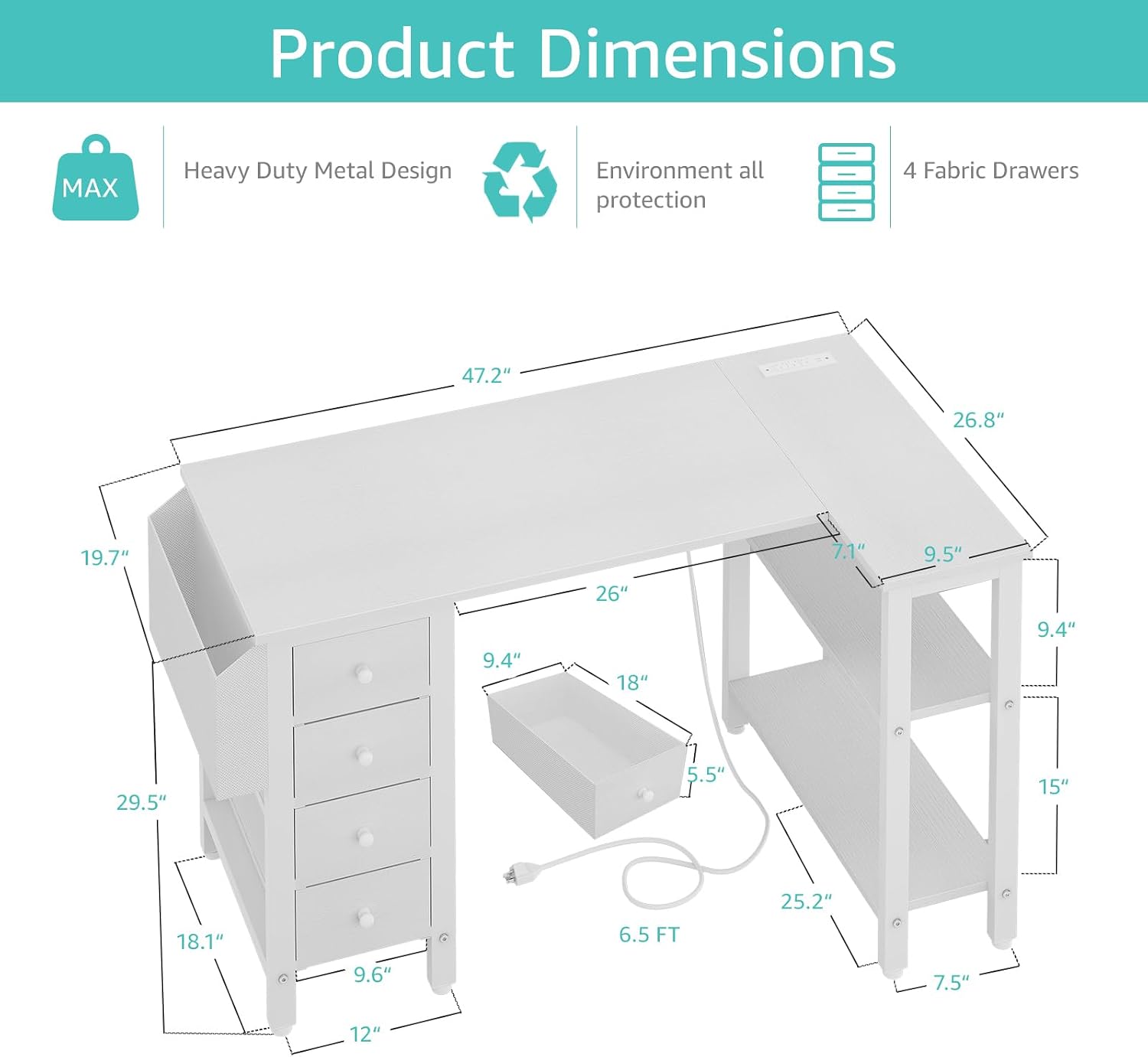 Thumbnail 2 de Lufeiya LFY-L4D47-White L-Shaped Desk with 4 Drawers and Power Strip