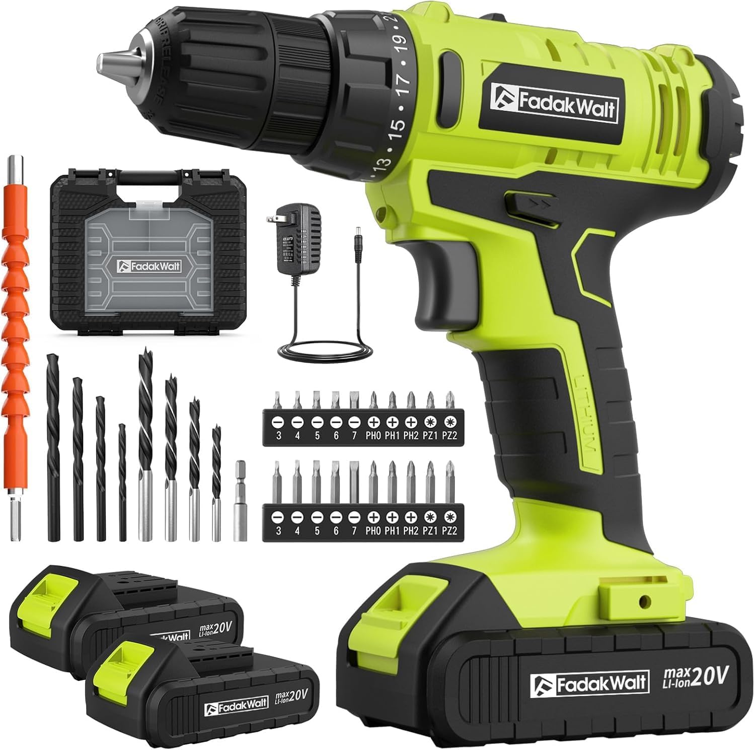 Detalle de FADAKWALT 20V Cordless Drill: 2 Batteries, 34-Piece Kit for Home Projects