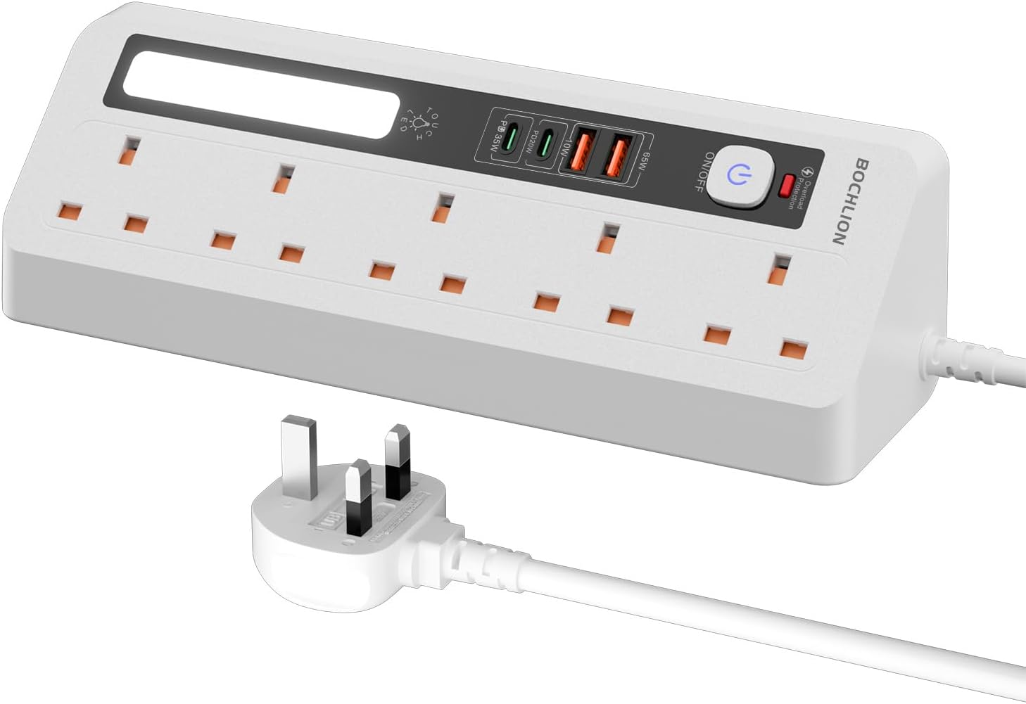 Detalle de BOCHLION 9-in-1 Desk Extension Lead with USB Slots (PD 35W + PD 20W) and Night Light, 5-Way Surge Protector, 1.8m