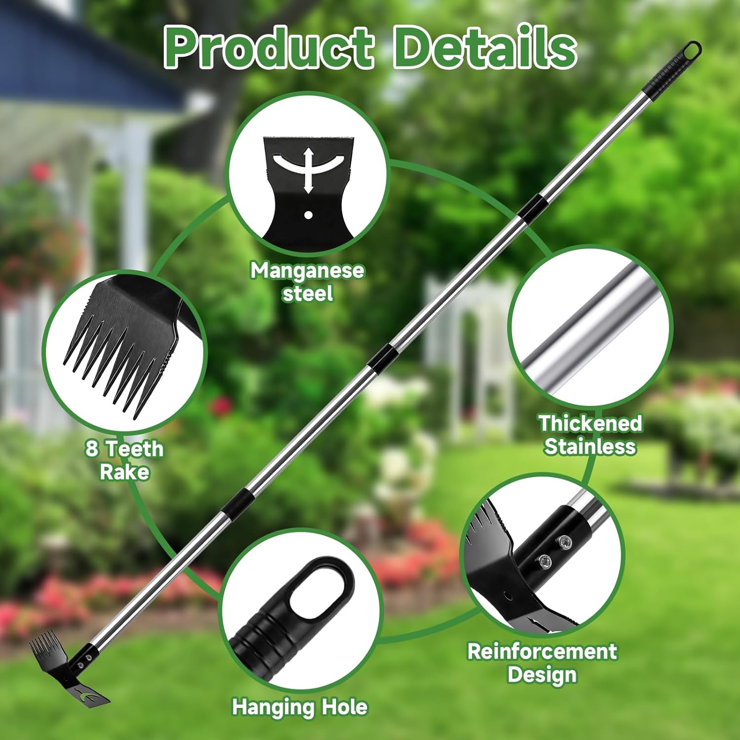 Thumbnail 2 de VFMFM Upgraded 8-Tooth Weeding Rake: 150cm Adjustable 2-in-1 Garden Tool